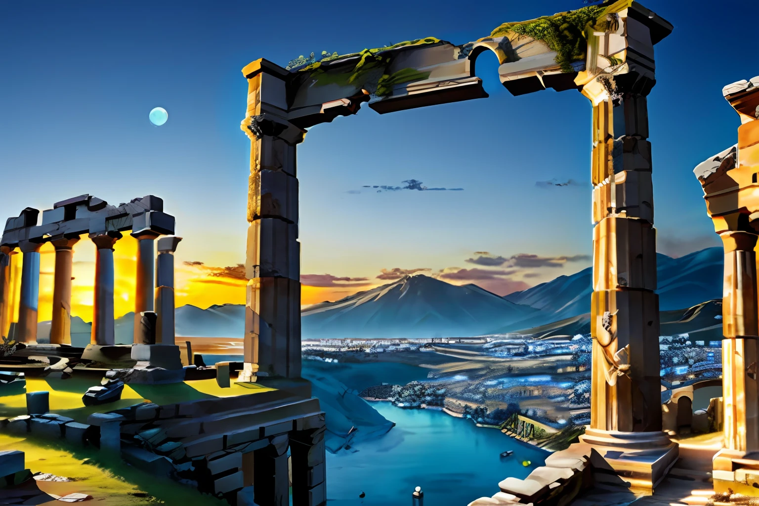 Greek mythology, Athena temple, (ruins:1.2), lake, marble pillar, triumphal arch, bridge, cityscape, outdoors, tower, moon, twilight, mountain, sunshine,