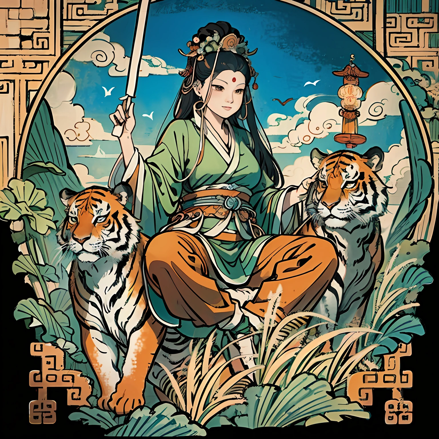 an ancient Chinese goddess, guanyin of the southern seas, Guanyin, Inspired by India, Avalokiteshvara rides a tiger,Serene expression,shui mo hua,Buddha,Buddhist,Lotus,Chinese painting style,Thangka style