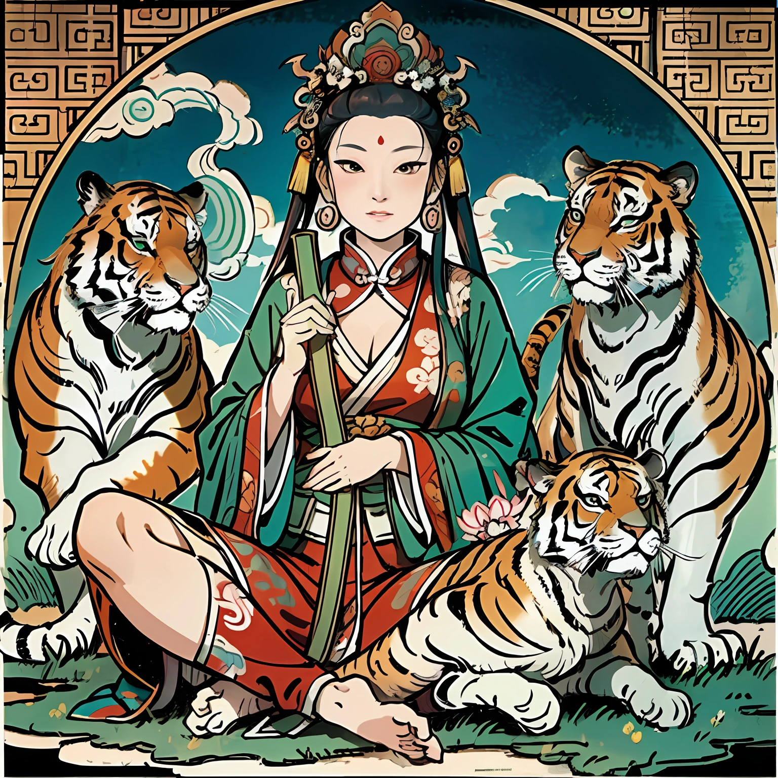 an ancient Chinese goddess, guanyin of the southern seas, Guanyin, Inspired by India, Avalokiteshvara rides a tiger,Serene expression,shui mo hua,Buddha,Buddhist,Lotus,Chinese painting style,Thangka style