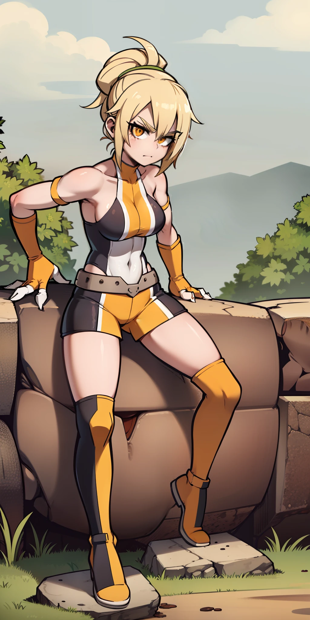 My Hero Academia Style, Anime Girl, Female, Wide Thighs, Wide Hips, Big Chest, Hero Costume, Full Body Suit, Covering Face, Mask, Covering Eyes, Eye Mask, saki nikaidou, zombie land saga, swimsuit green, trending on artstation pixiv, girl anime, tall girl, she has blonde hair in a high ponytail with part dyed green and orange, scales armor green, anime girl with a lizard costume green, sharp claws, and orange eyes, big boobs, masterpiece, girl tall musculer, claws, scales green, tail lizard, large breasts, (full body shot:0.5), girl zombie, lizard girl, lizard arms green scales, lizard legs green scales, seductive and joyful gaze.