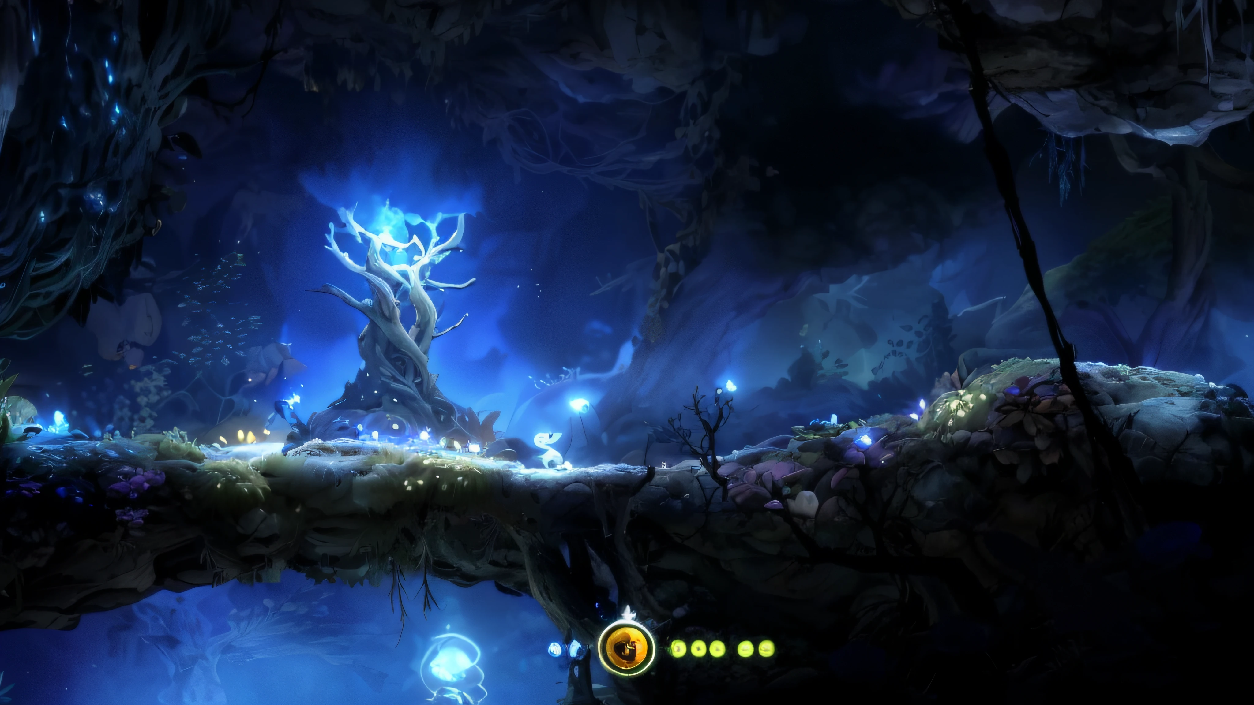 Close-up of a tree in a cave,There is a lamp on it, Ori and the Blind Forest, Ori and the blind, Ori, ori and the will of the wisps, during night!, video game screenshot, video game screenshot>, gameplay still, game screenshot, medium level shot, gameplay screenshot with ui, glowing blue mushrooms in mire, game screenshot