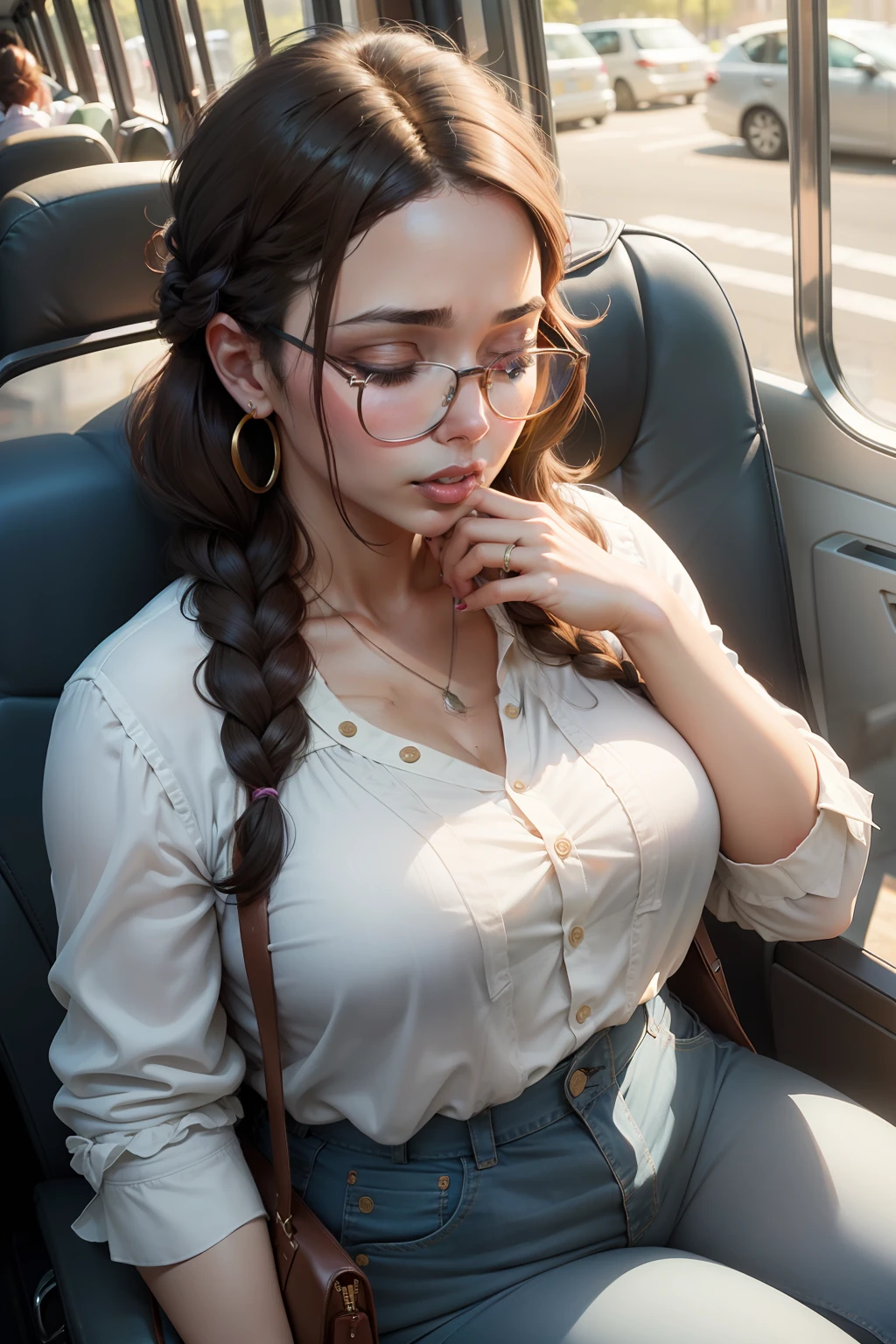 1 beautiful woman, large body, fair skin, 30-year-old woman, made-up face, glasses, brown hair, hair tied up in a braid, small earrings, flowery blouse with low neckline, blue jeans, black handbag, hands crossed, long nails, sleeping sitting on the bus, looking out the window, eyes closed, head resting on the seat, mouth wide open.