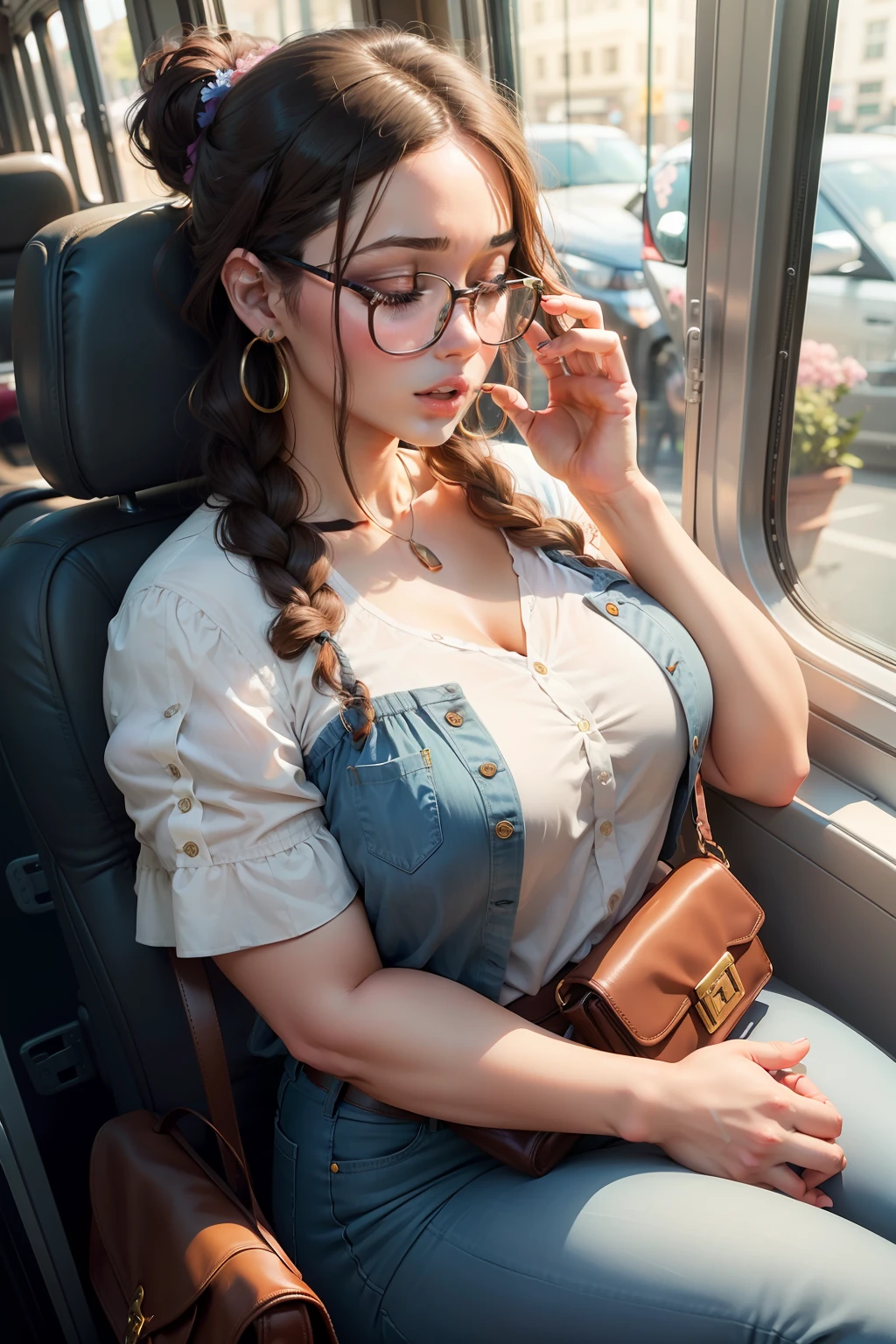 1 beautiful woman, large body, fair skin, 30-year-old woman, made-up face, glasses, brown hair, hair tied up in a braid, small earrings, flowery blouse with low neckline, blue jeans, black handbag, hands crossed, long nails, sleeping sitting on the bus, looking out the window, eyes closed, head resting on the seat, mouth wide open.