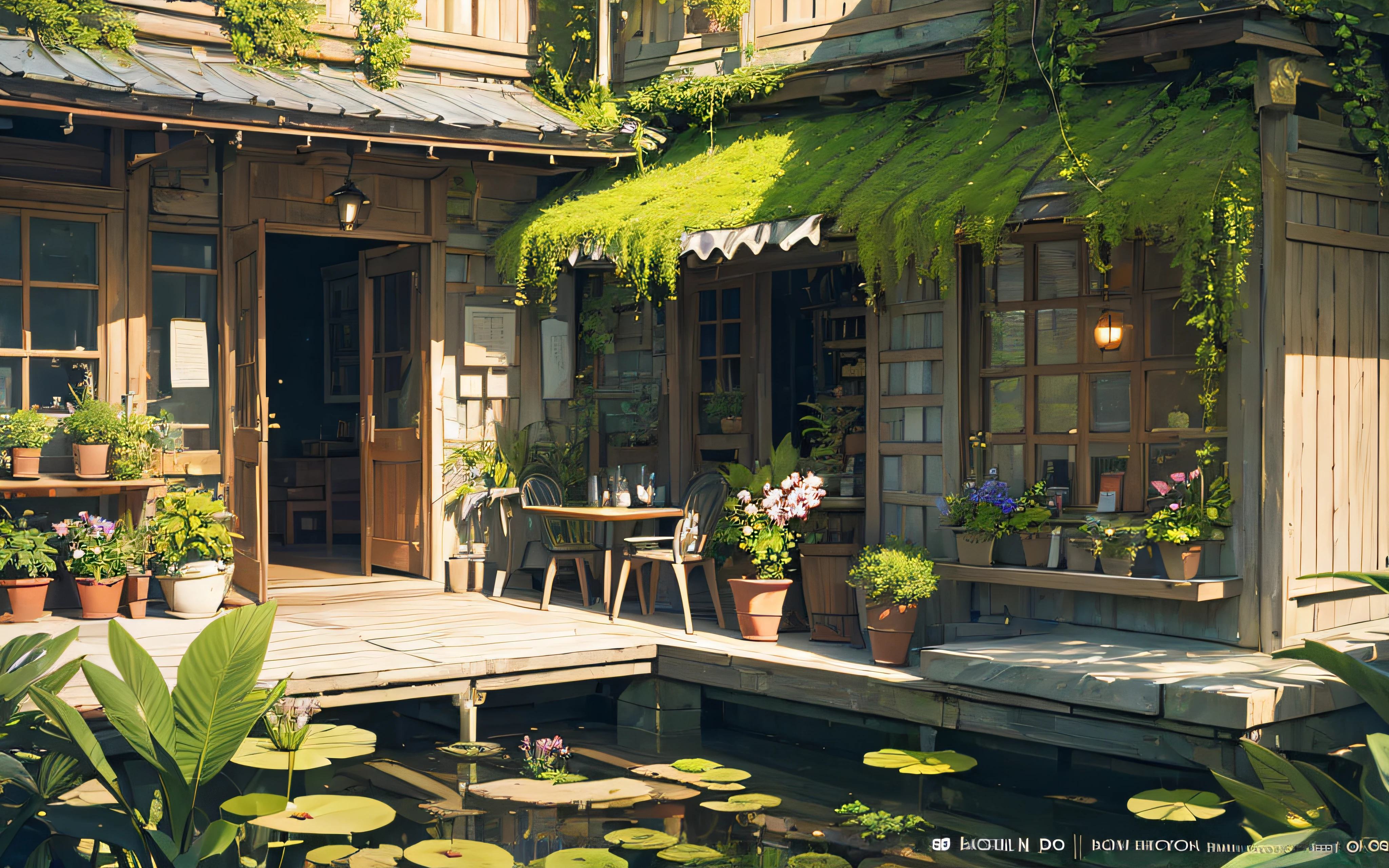 (micro-landscape:1.5),(best quality), ((masterpiece)), (highres), illustration, original, extremely detailed wallpaper, no humans, window, scenery, plant, water, potted plant, outdoors, building, door, house, flower pot, day, lily pad, chair, flower, table, stairs, watermark, hat, tree, sunlight, pond, grass, indoors, reflection, lamp, balcony, black headwear, bush, sky, railing, desk, open window, shelf, leaf, book, web address, copyright name, ladder, architecture, shadow, solo, dated, vines, vase, city, cafe, lantern, bucket, ruins, bench, shop, signature, moss, boat, barrel, river,