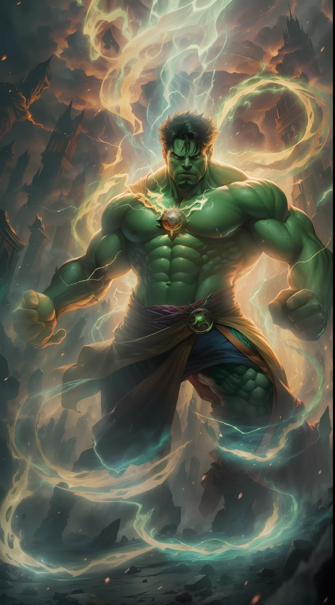 (Ultra resolution 8K), Epic work of art, impresionante, Hulk fusionado con el poderoso Doctor Strange, creating a formidable and unique entity. This fusion combines the incredible physical strength and endurance of the Hulk with the magic and mystical knowledge of Doctor Strange.... Her green skin glows with magical symbols, while channeling spells and spells through his fury. His eyes sparkle with a mystical aura as he unleashes devastating magical attacks and powerful blows..., becoming an unstoppable force capable of facing any threat that stands in its way. Add epic effect at the end