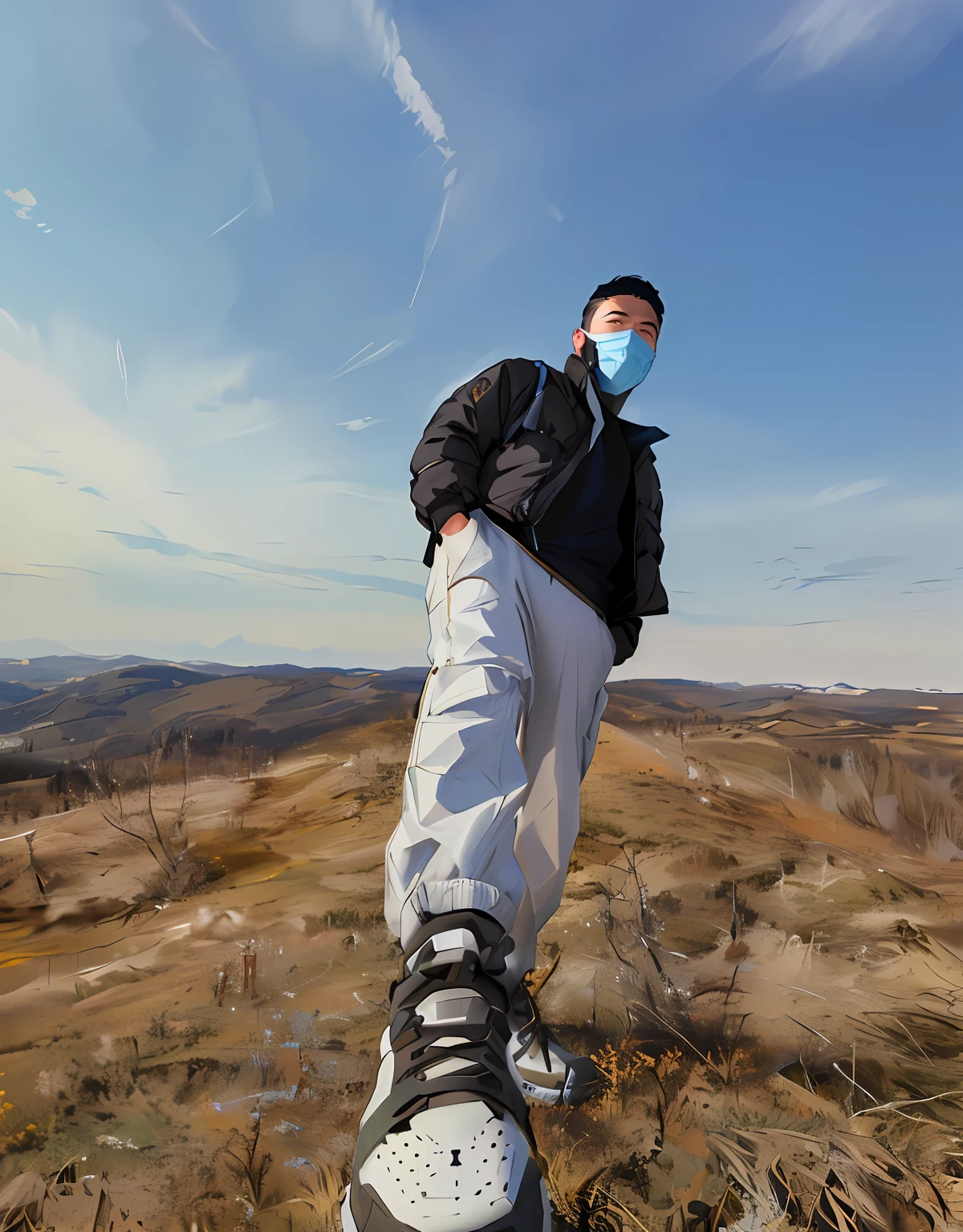 Man standing on a hill in a mask, standing on a hill, standing atop a mountain peak,Black down jacket,outside,blue-sky,baiyun,Hand pockets,Handsome face,Covered by a mask。