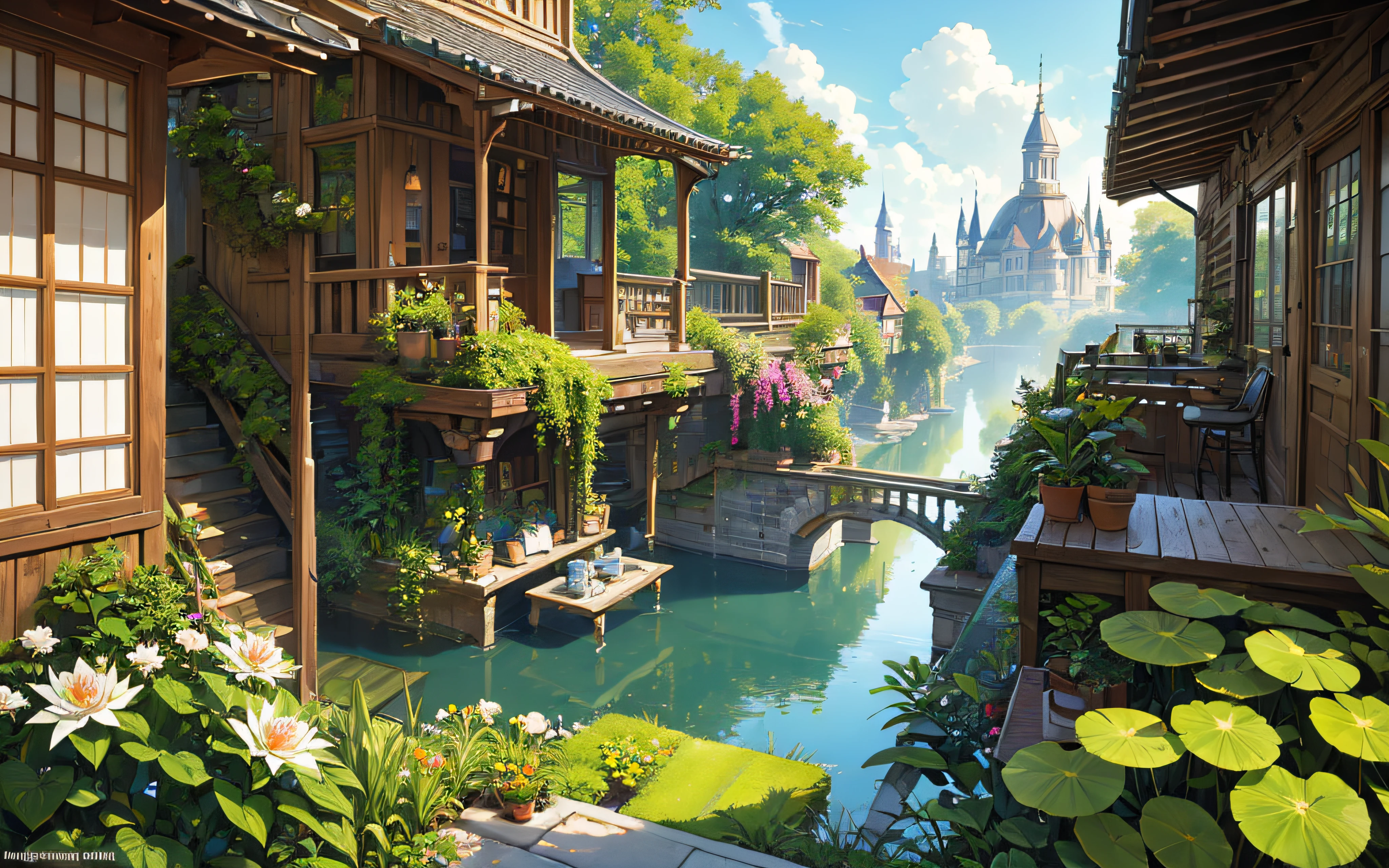 (micro-landscape:1.5),(best quality), ((masterpiece)), (highres), illustration, original, extremely detailed wallpaper, no humans, window, scenery, plant, water, potted plant, outdoors, building, door, house, flower pot, day, lily pad, chair, flower, table, stairs, watermark, hat, tree, sunlight, pond, grass, indoors, reflection, lamp, balcony, black headwear, bush, sky, railing, desk, open window, shelf, leaf, book, web address, copyright name, ladder, architecture, shadow, solo, dated, vines, vase, city, cafe, lantern, bucket, ruins, bench, shop, signature, moss, boat, barrel, river,