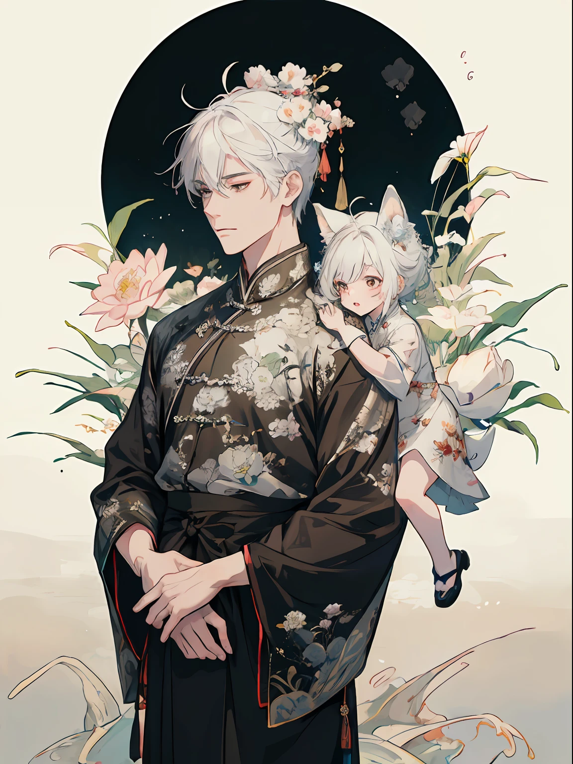 ((4K、​masterpiece、top-quality))、(2 males), ink and watercolor painting、Traditional Chinese Ink Painting、lotuses、Hanfu、Maxi Kit、Dress conservatively、 white  hair, Animal ears, bule, florals, Lots of flowers nearby, coyote、pup、shenron、extra detailed face、