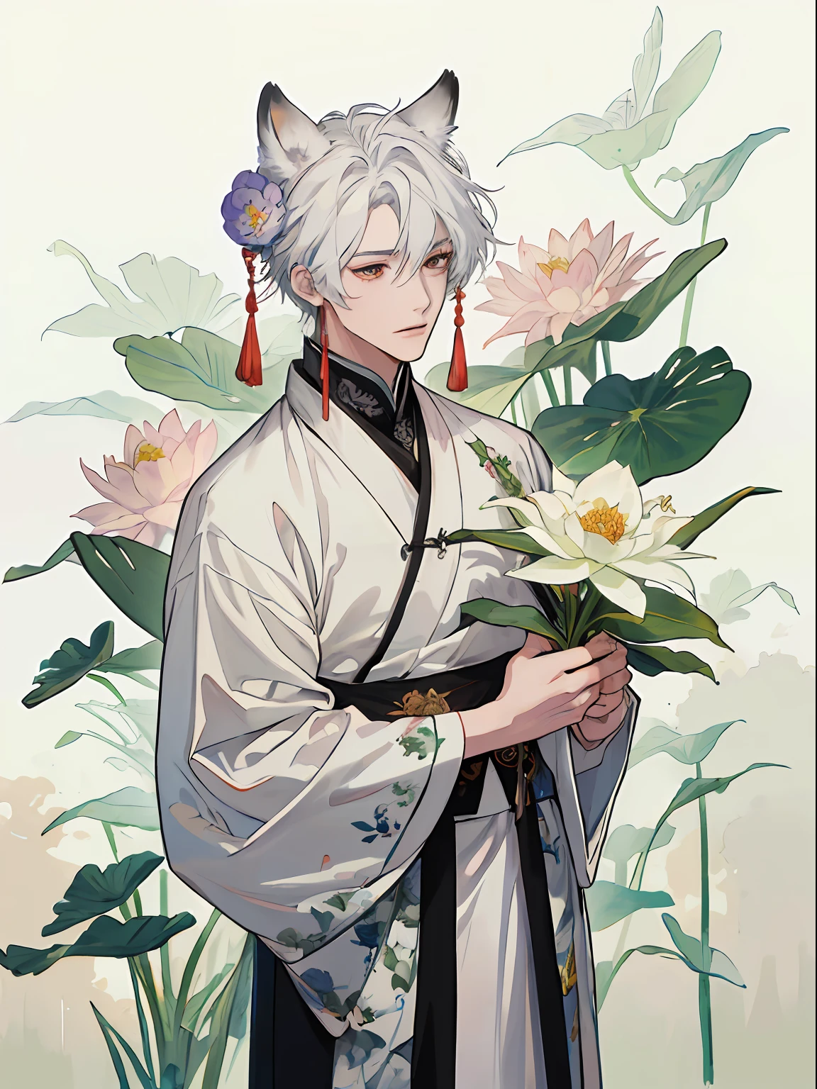 ((4K、​masterpiece、top-quality))、(2 males), ink and watercolor painting、Traditional Chinese Ink Painting、lotuses、Hanfu、Maxi Kit、Dress conservatively、 white  hair, Animal ears, bule, florals, Lots of flowers nearby, coyote、pup、shenron、extra detailed face、