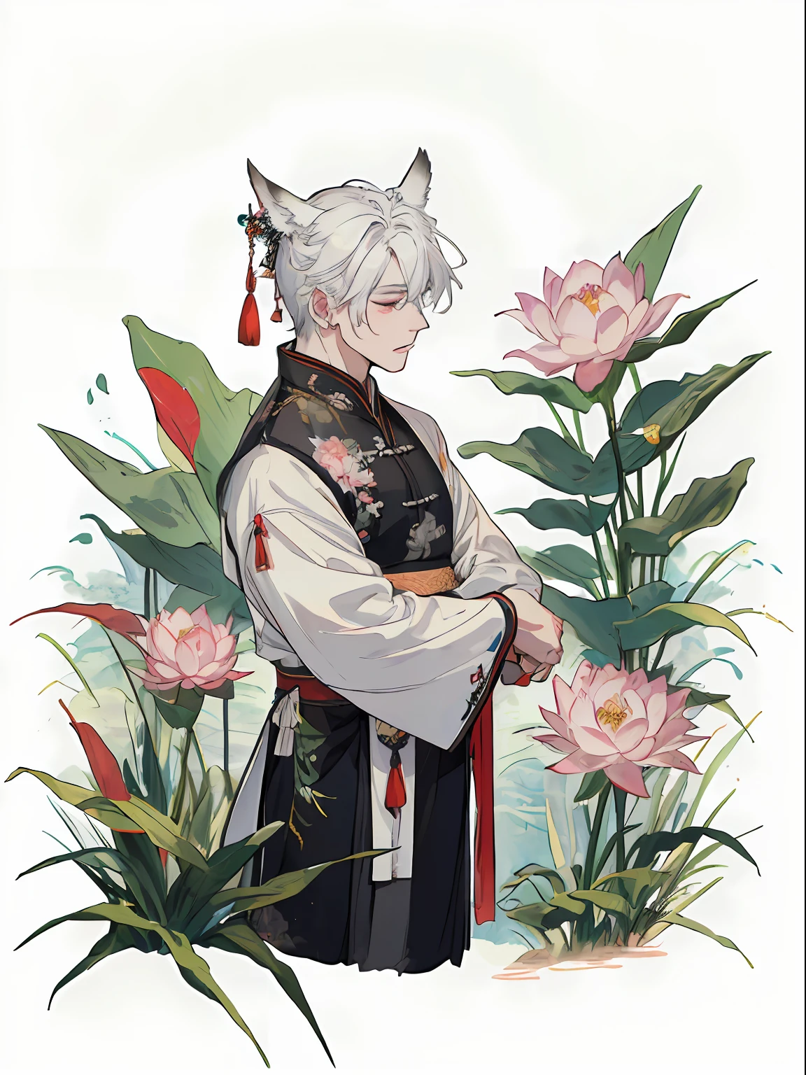 ((4K、​masterpiece、top-quality))、(2 males), ink and watercolor painting、Traditional Chinese Ink Painting、lotuses、Hanfu、Maxi Kit、Dress conservatively、 white  hair, Animal ears, bule, florals, Lots of flowers nearby, coyote、pup、shenron、extra detailed face、