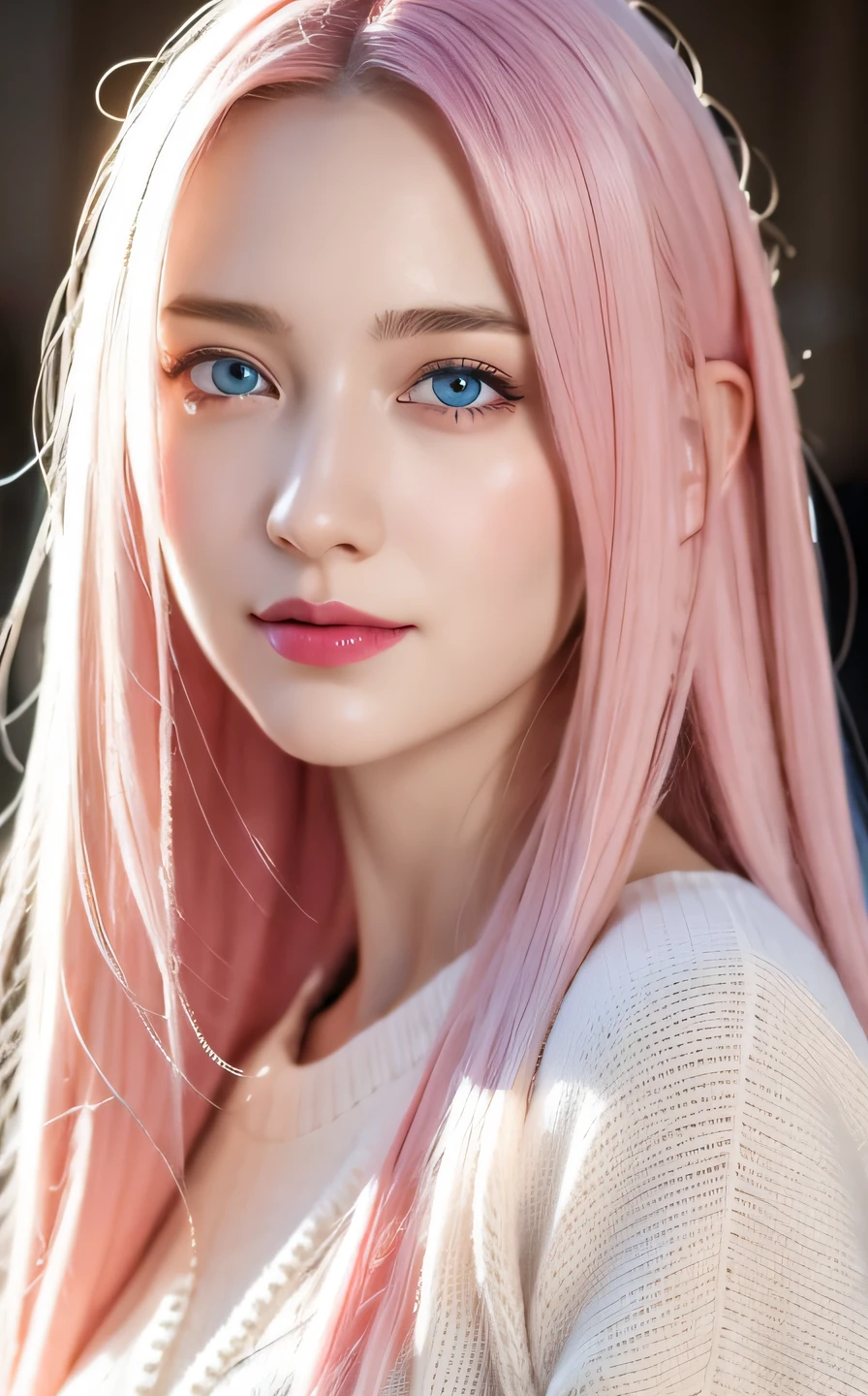 best quality, ultra high res, (photorealistic:1.4), (detailed beautiful girl:1.4), (medium breasts:0.8), looking_at_viewer, Detailed facial details, beautiful detailed eyes,pink hair, blue eyes, slender, haunting smile, (makeup:0.3), red lips, highly detailed clothes, (ulzzang-6500-v1.1:0.3)