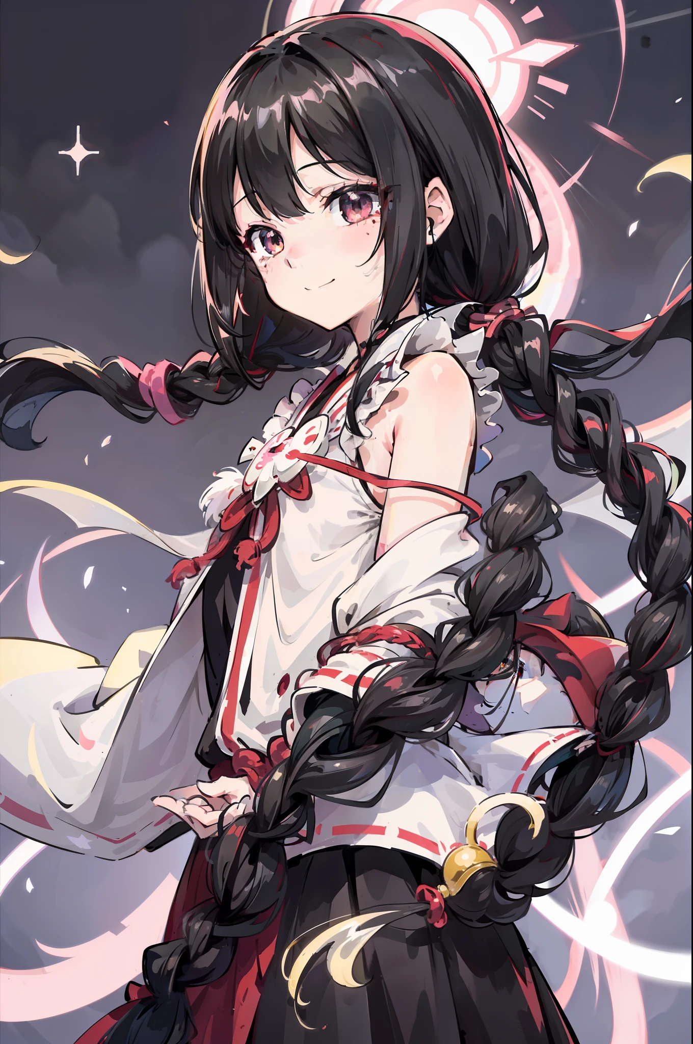 Homura,bangs,black hair, hair bobbles, light smile, streaked hair, mole under eye, glint, anime style, best quality,upper body,hair strand,Fair skin,side braids