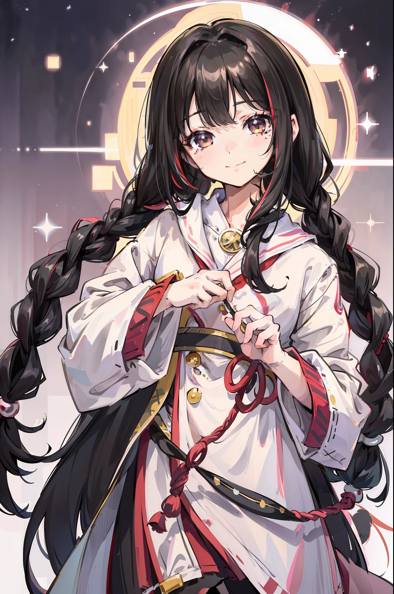 masterpiece, best quality, Homura,bangs,black hair, hair bobbles, light smile, streaked hair, mole under eye, glint, anime style, best quality,upper body,hair strand,Fair skin,side braids