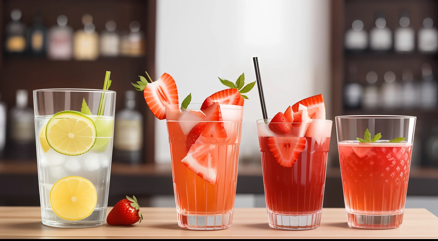 50 ml de gin, 100 ml tonic water, 3 pieces of strawberry, 1 glass of large and fine gin, 1 ramo de alecrim, Algumas flores de hibisco, Bastante gelo, fundo de bar, ultra-realista, 4k