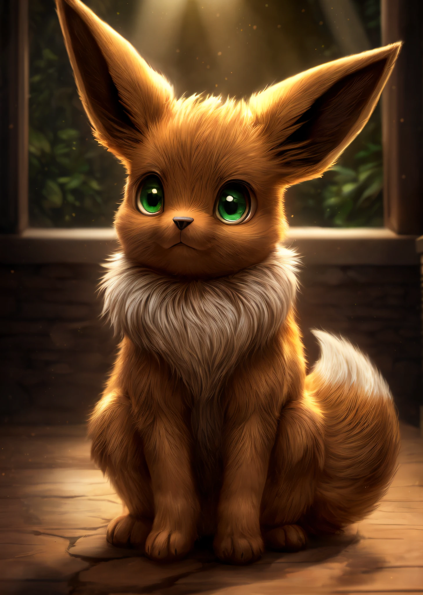 solo ((feral eevee)) with ((brown body)) and (white neck tuft) and ((fluffy tail)) and ((clear green eyes)), (detailed feral brown fox eevee), (detailed lighting), (detailed brown fox fur), BREAK, (cinematic lighting), ((detailed background)), ((depth of field)), (half body shadow), ((sunlight)), BREAK, ((intricate, high detail, film photography, sharp focus, RAW candid cinema, realistic, photorealistic, analog style, subsurface scattering, masterpiece, best quality, ultra realistic, 8k))