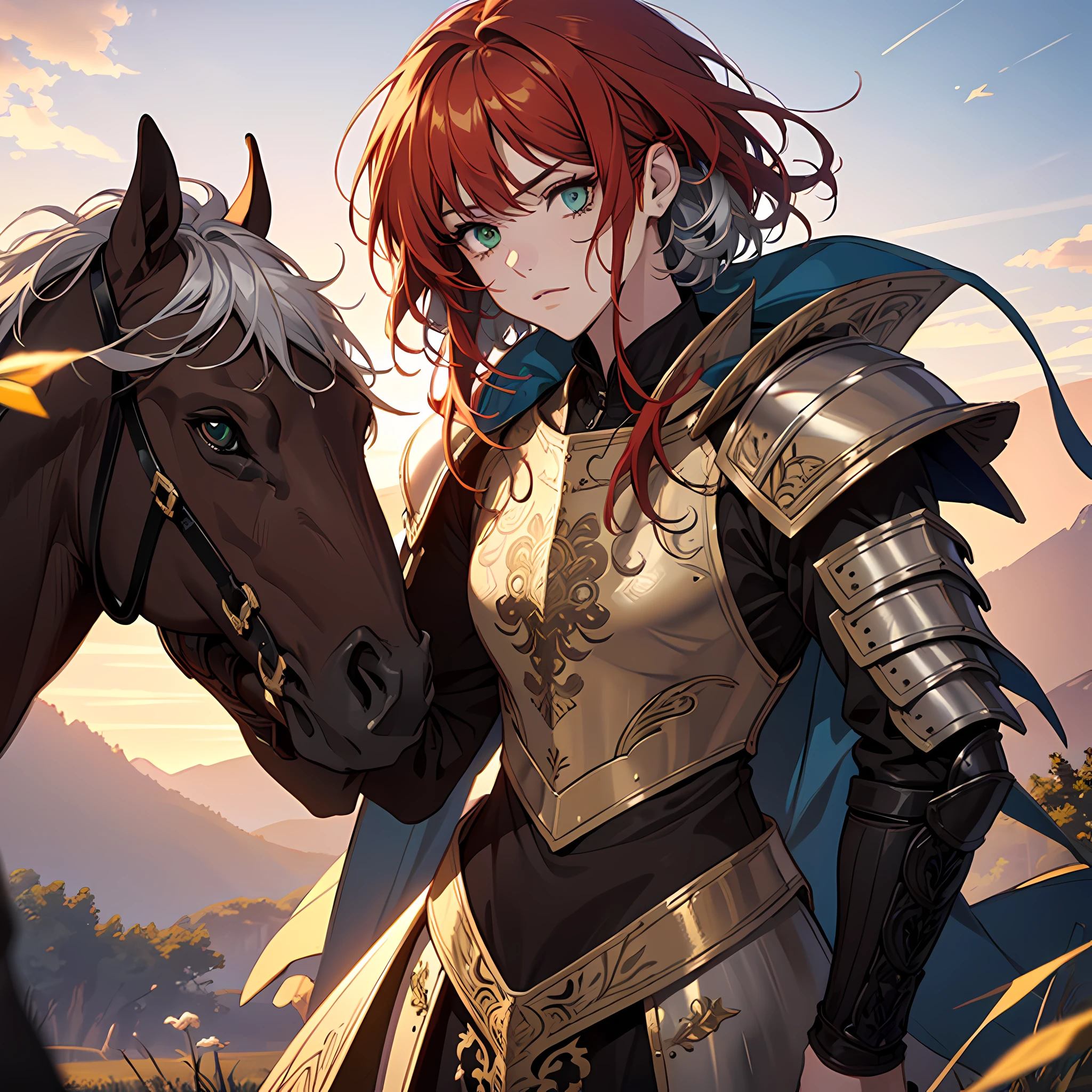 (masterpiece, 8K, UHD, official art, best quality:1.3), fierce warrior princess, (emerald eyes, fiery red hair:1.2), (intricate silver armor:1.4), detailed engravings, (gleaming sword in hand:1.1), confident stance, majestic white steed, open battlefield, dawn, (rising sun casting long shadows:1.2), (golden light glinting off armor:1.3), mountains in the distance, dew-kissed grass, cool colors, warm morning light, dynamic angle, looking at viewer, determination etched on face, ready for battle