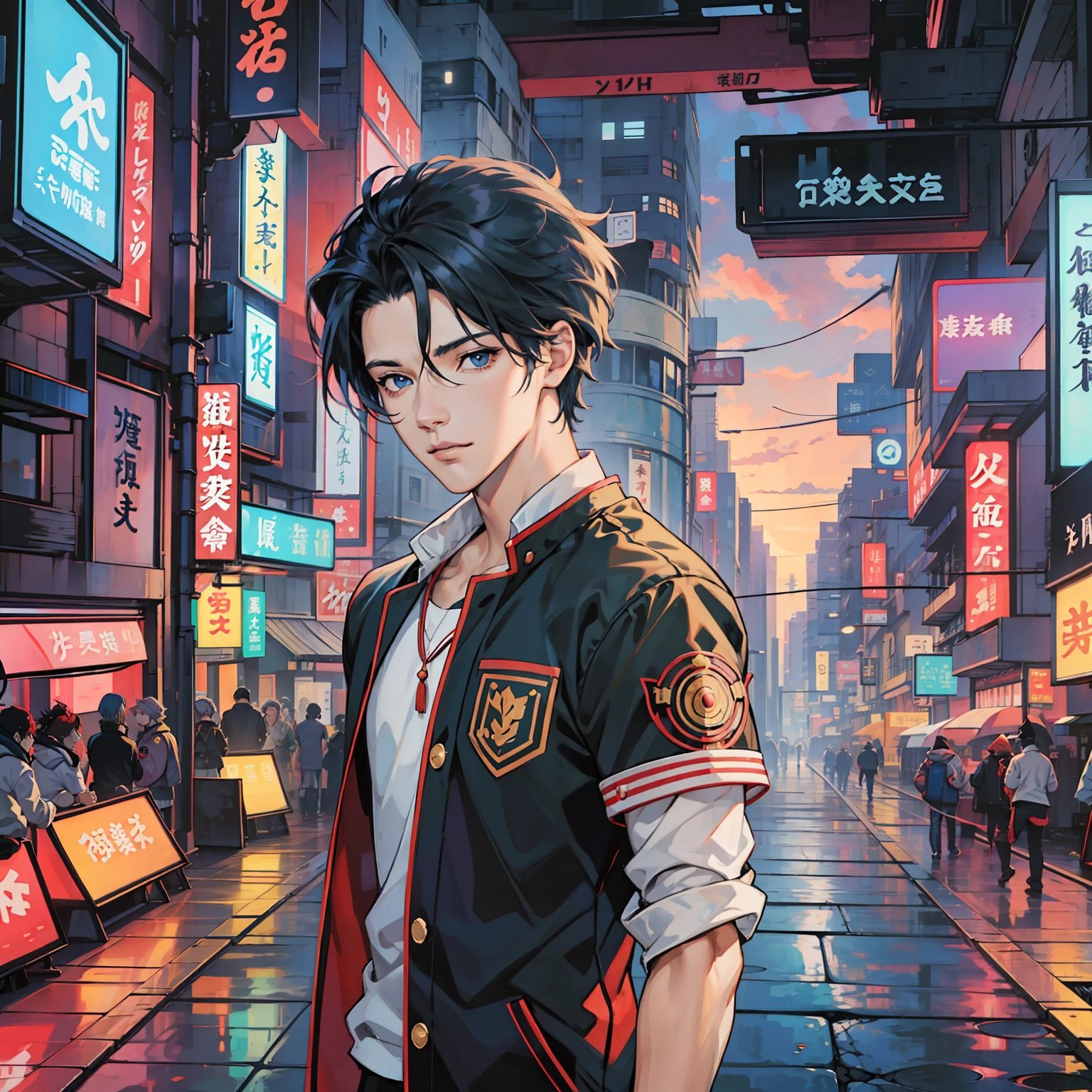 Anime boy calls to talk, ig studios anime style, nightcore, style of anime4 K, High quality anime art style, Anime boy, young anime man, Anime art style, Digital anime illustration, Anime style. 8K, in an anime style, male anime character, Kawasi，best qualtiy：1.0），（超高分辨率：1.0），Anime boys，with short black hair，blue color eyes，country road。Faraway view