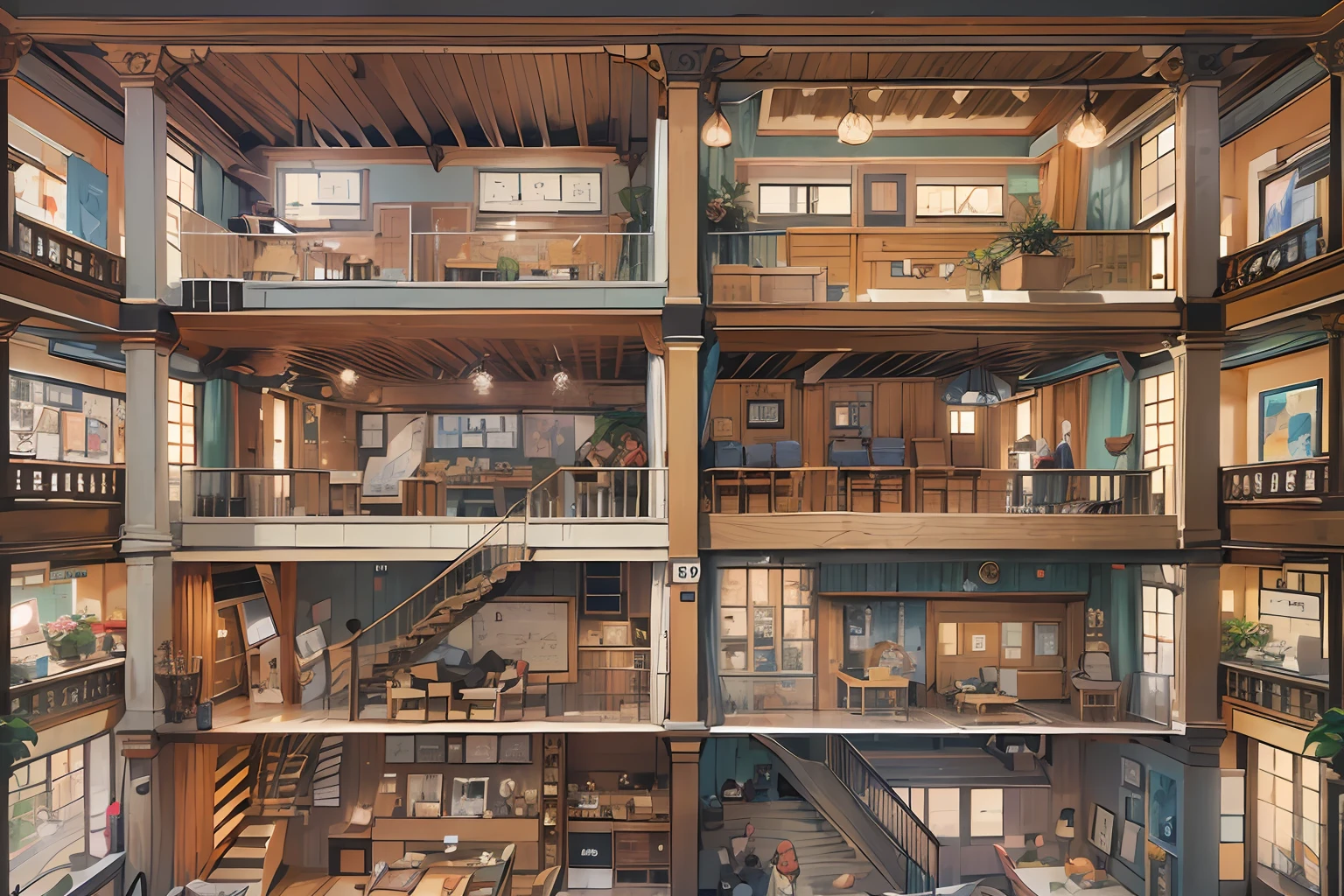 profile view（Interior of a four-story building）、Multiple rooms are neatly arranged，Brian Kessinger、cartoonish style，（Conceptual digital art，The is very detailed，reasonable design，Clear lines，High clarity，The best quality，tmasterpiece，超高分辨率，4K）