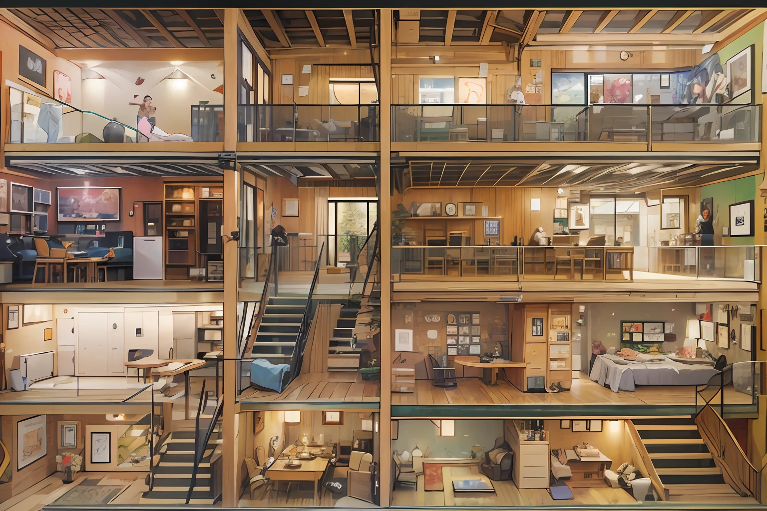 profile view(Interior of a four-story building)、Multiple rooms are neatly arranged,Brian Kessinger、cartoonish style,(Conceptual digital art,The is very detailed,reasonable design,Clear lines,High clarity,The best quality,tmasterpiece,超高分辨率,4K)