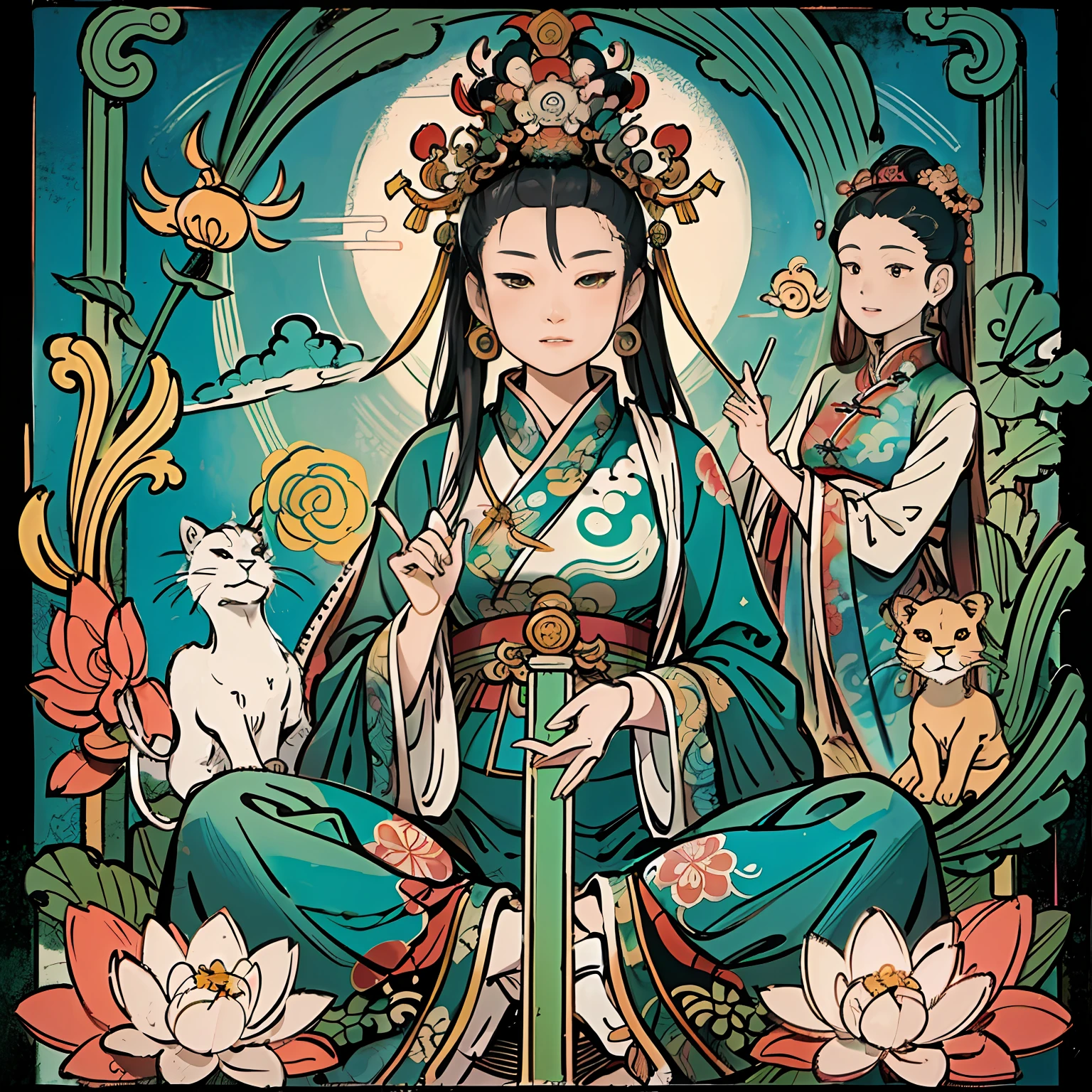 an ancient Chinese goddess, guanyin of the southern seas, Guanyin, Inspired by India, Avalokiteshvara rides a lion,,Serene expression,shui mo hua,Buddha,Buddhist,Lotus,Chinese painting style,Thangka style