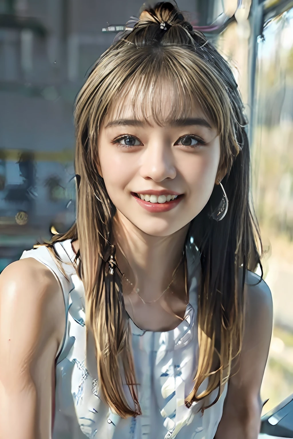 ((top-quality、8K、​masterpiece:1.3))、1girl in、a smile、Beautiful woman with accentuated slim abs:1.3、White sleeveless shirt、poneyTail、(Blonde hairstyles、Super Detail Face、Delicat eyes、二重まぶた、School、top-quality、in 8K:1.2)