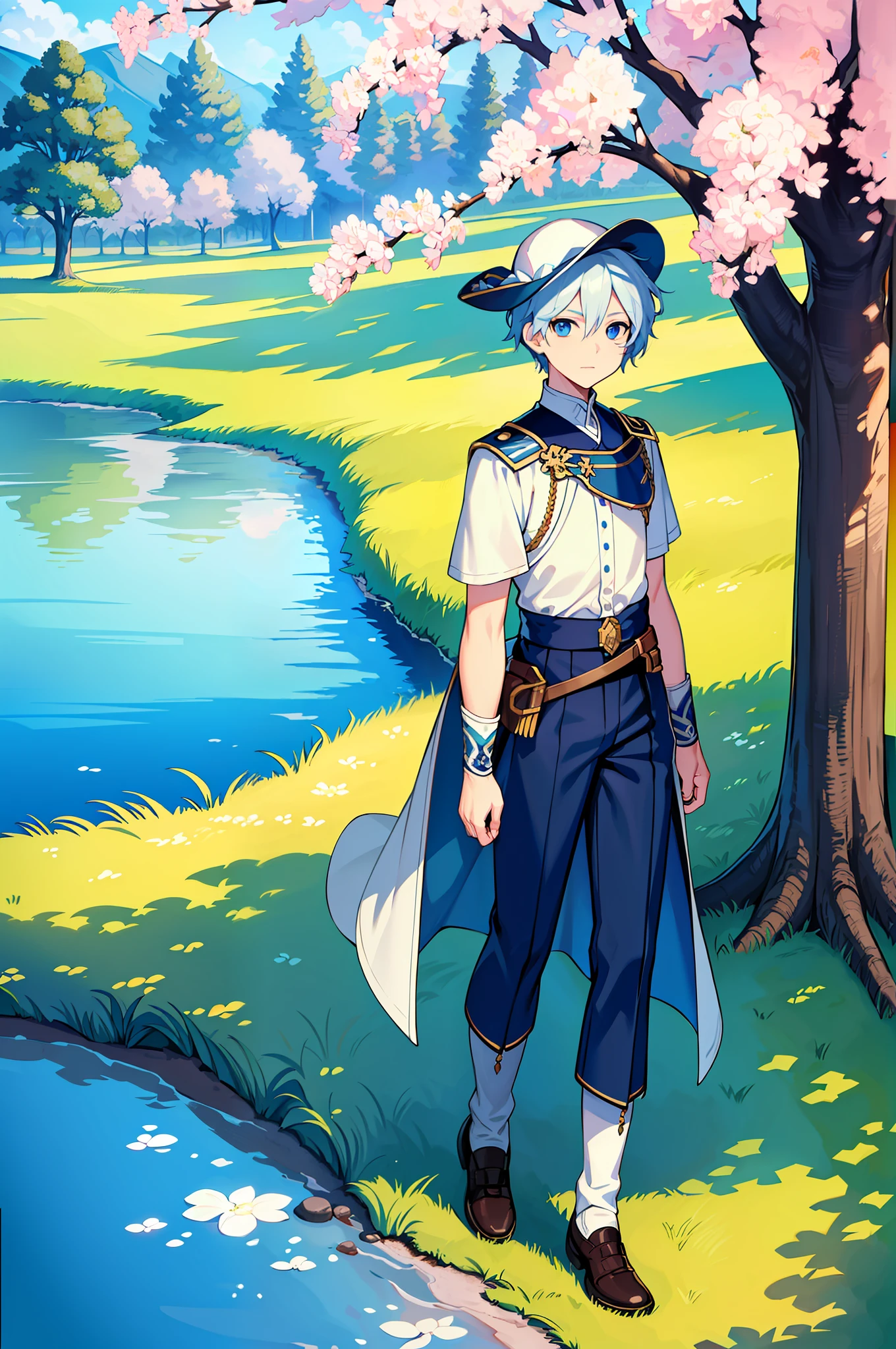 (Highest image quality),(Works of masters),(Describe the eyes in detail),(Detailed description of the face),1boy blue eyes,White hair,(Male hair),short detailed hair,Archaeological spring costumes and hats，Legs wearing archaeology pants，leather shoes，（springtime、The tree），altocumulus，Dazzling light，Cool breeze，louka,(Grass grows birds fly)，Male face