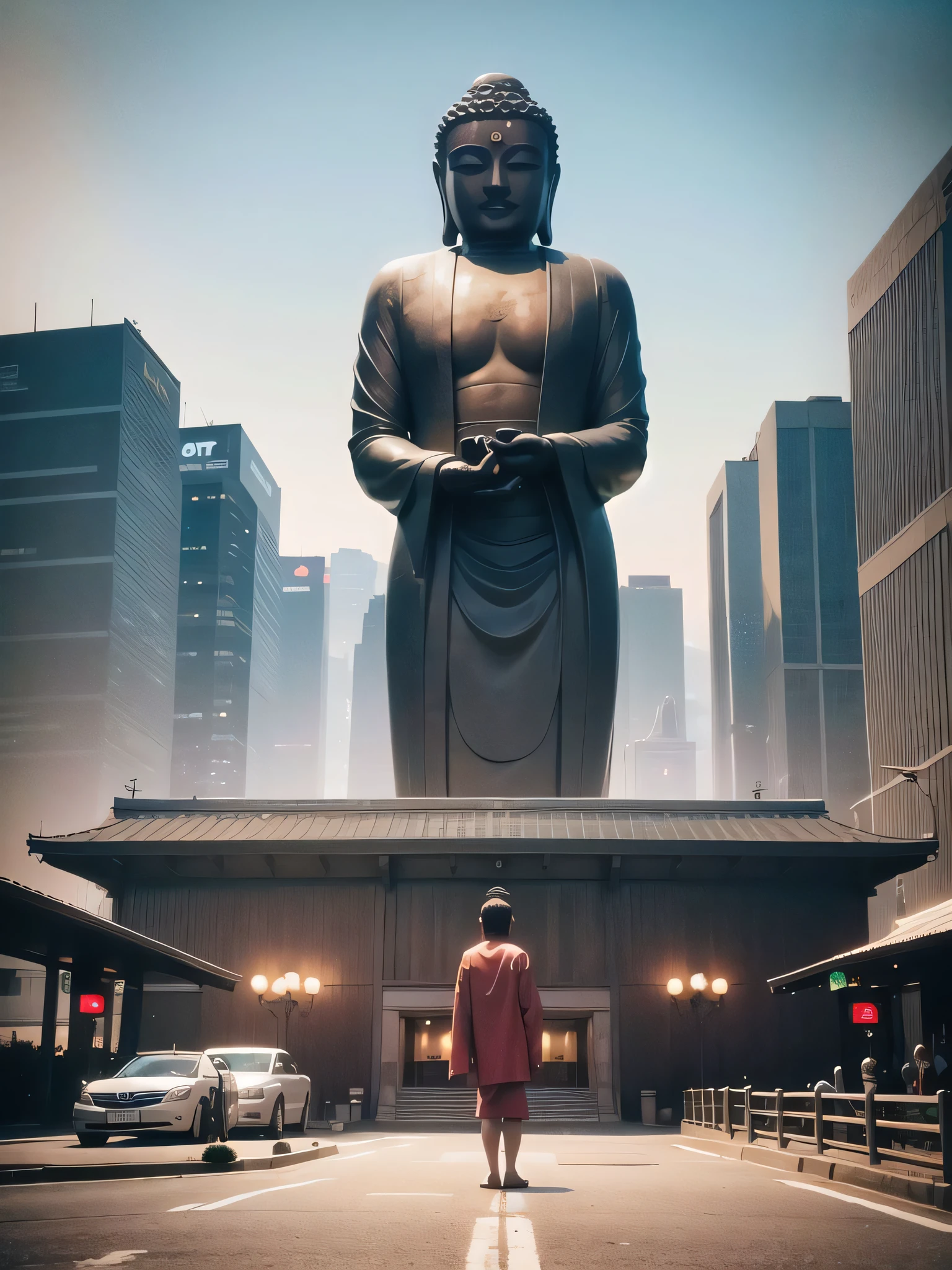 (giant buddha statue meditating:1.2, ), (cyberpunk background:1.5), (photorealistic:1.4), (best quality:1.0), (ultra highres:1.0), 8k, RAW photo, (masterpiece:0.2), ultra-detailed, (1male from behind standing on road:0.8),