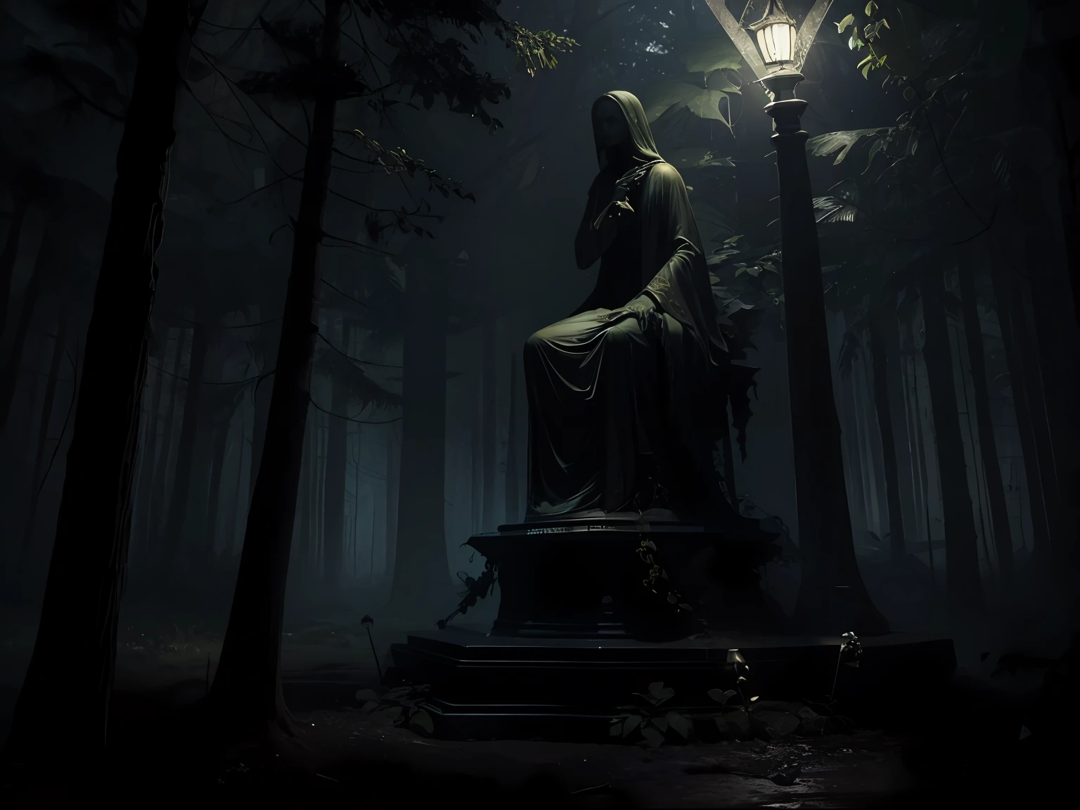 estatua sombria e osbura no meio da floresta macabra a noite sobre a luz do luar e corvos e morcegos voando, clima denso, gothic horror vibes, arte de fantasia de terror, cores mortas