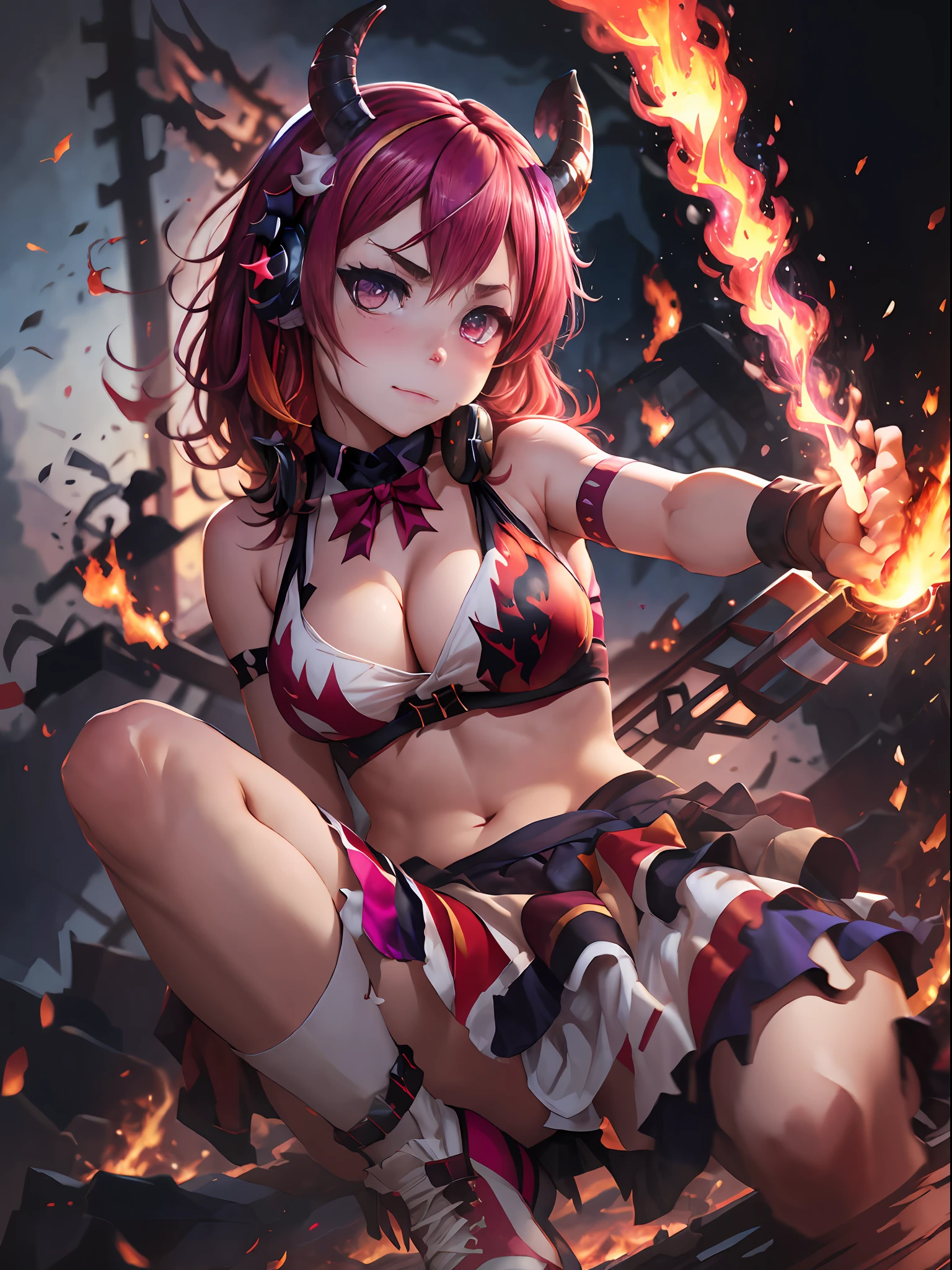 ​masterpiece、top-quality、Hi-Res、Aloe 1、女の子1人、独奏、Bikini Line、multicolored hair、Asymmetric corners、demonic horns、The bikini、a blond、A pink-haired、Sleeveless、Bare shoulders、Devil's Tail、Thigh strap、Wrist cuffs、verd s eyes、arm strap、skirt by the、Hornbow、mismatched footwear、Sleeveless Horn Ornament、bangss、Neck headphones、Uneven footwear、hairs between eyes、Slouched、Pointing、eye brows up、Flame control at your disposal。Beauty who manipulates fire。Flame Magic。Flame Weapon。Giant flames。Flame from the palm。Colossal tits。Luminous Eyes。