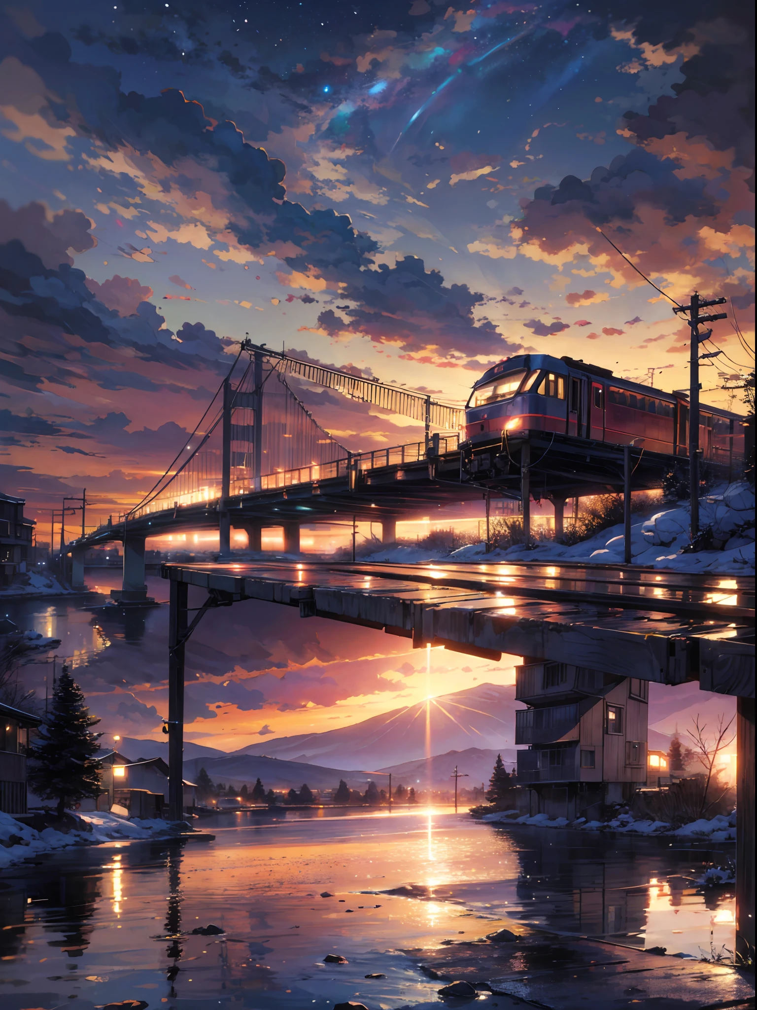 High quality masterpiece, landscape, anime train passing through bodies of water on tracks, bright starry sky. BREAK Romantic train, pixiv, concept art, lofi art style, reflection. by Makoto Shinkai, lofi art, Beautiful anime scene, BREAK Anime landscape, detailed scenery —width 672, in style of Makoto shinkai, style of Makoto shinkai, enhanced details, BREAK,Detailed,Realistic,4k highly detailed digital art,octane render, bioluminescent, BREAK 8K resolution concept art, realism,by Mappa studios,masterpiece,best quality,official art,illustration,ligne claire,(cool_color),perfect composition,absurdres, fantasy,focused,rule of thirds