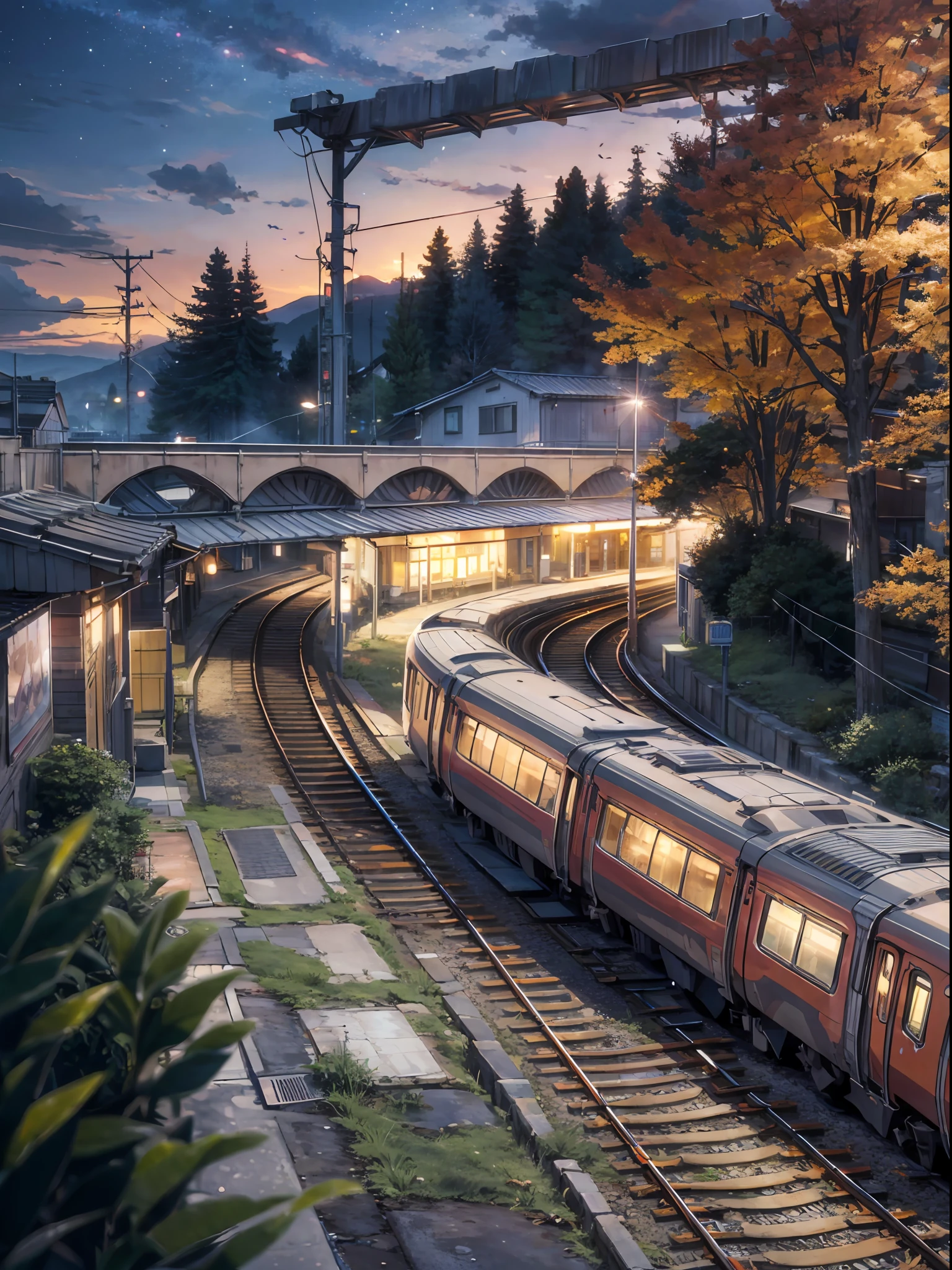 High quality masterpiece, landscape, anime train passing through bodies of water on tracks, bright starry sky. BREAK Romantic train, pixiv, concept art, lofi art style, reflection. by Makoto Shinkai, lofi art, Beautiful anime scene, BREAK Anime landscape, detailed scenery —width 672, in style of Makoto shinkai, style of Makoto shinkai, enhanced details, BREAK,Detailed,Realistic,4k highly detailed digital art,octane render, bioluminescent, BREAK 8K resolution concept art, realism,by Mappa studios,masterpiece,best quality,official art,illustration,ligne claire,(cool_color),perfect composition,absurdres, fantasy,focused,rule of thirds