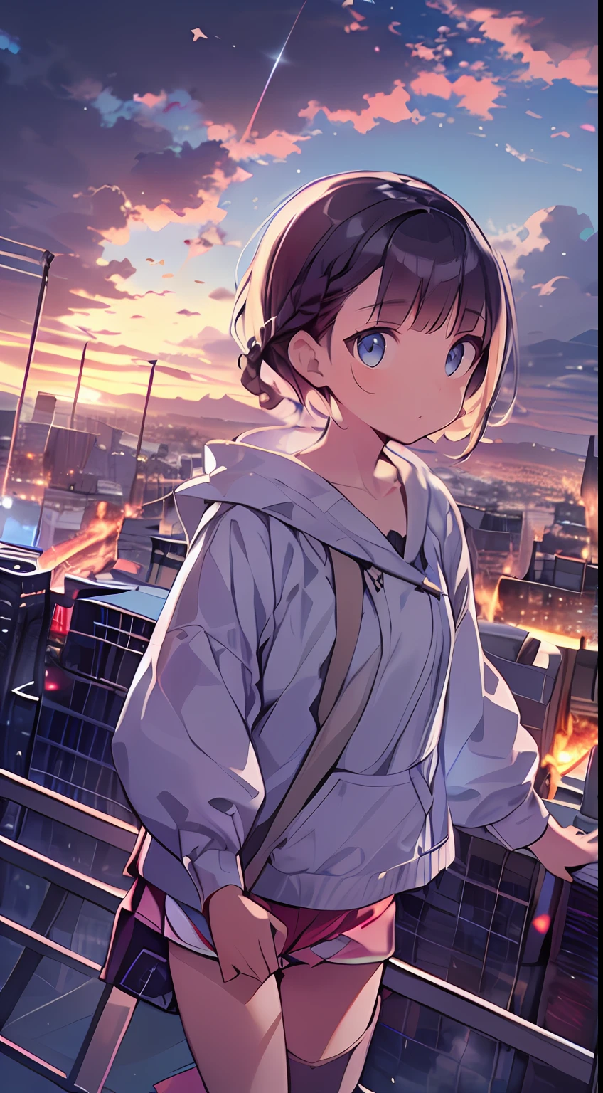 masutepiece, Best Quality,Illustration, Wallpaper, Ultra Detail, absurderes, 1loli, Solo, (Medium short hair、short braided hair), Beautiful detailed eyes , (Street), luminous sky,(a panoramic view:1.3),(Sense of depth:1.5)