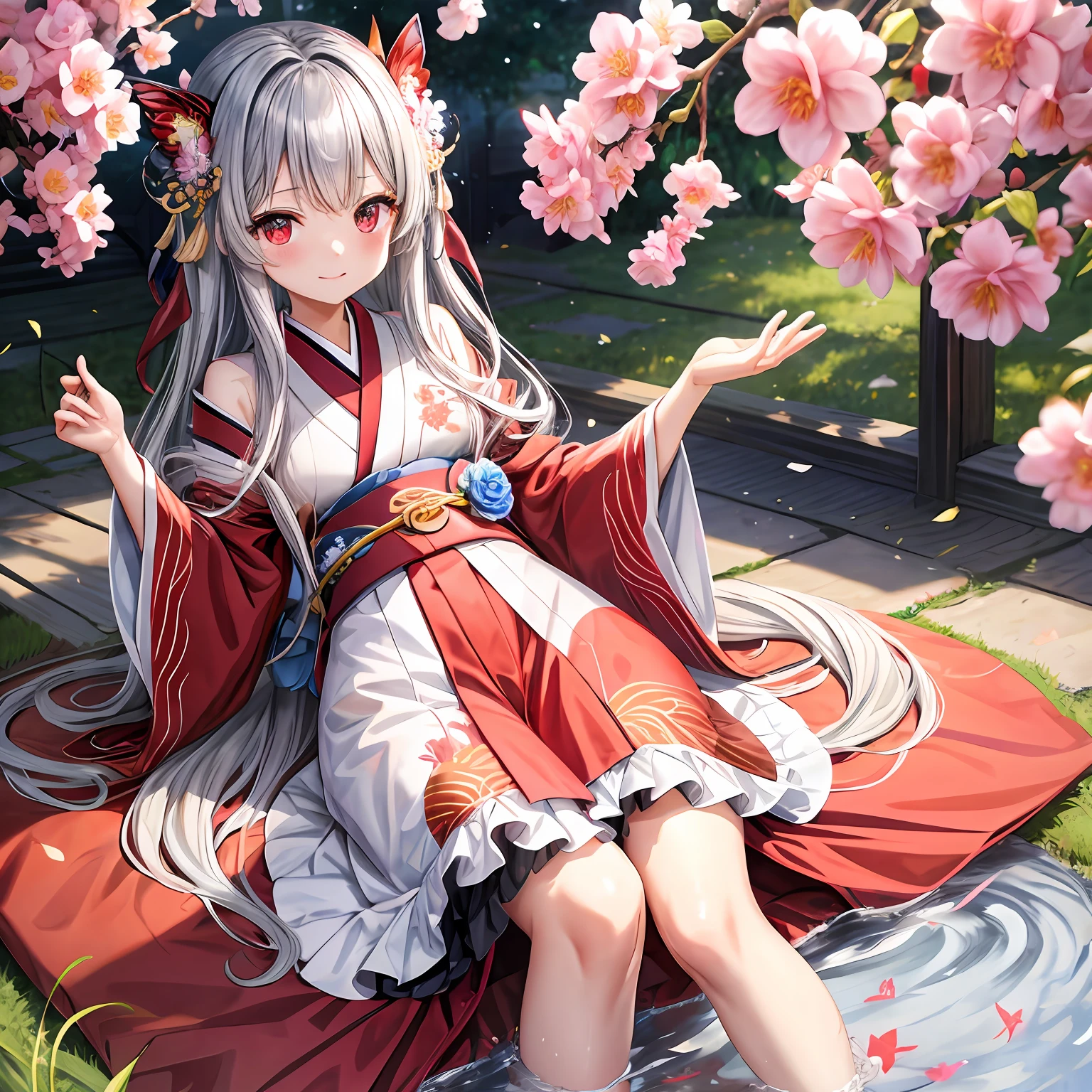 Wavy silver hair、red eyes、One pretty girl、独奏、animesque、dark colored kimono、flower field、butterflys々