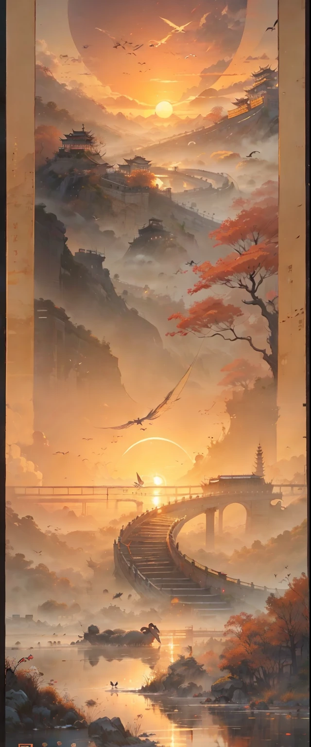 China ink painting，ink，The sunset and the solitary crane fly together，The autumn water is the same for a long time，The beauty of ancient poetry，the setting sun，Wild geese in the sky in the distance，Ancient buildings are scattered