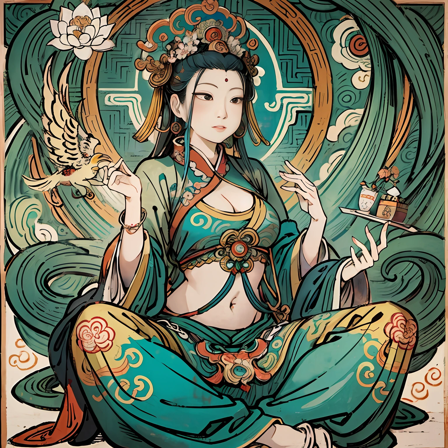 an ancient Chinese goddess, guanyin of the southern seas, Guanyin, Inspired by India, Avalokiteshvara rides a phoenix，,Serene expression,shui mo hua,Buddha,Buddhist,Lotus,Chinese painting style,Thangka style