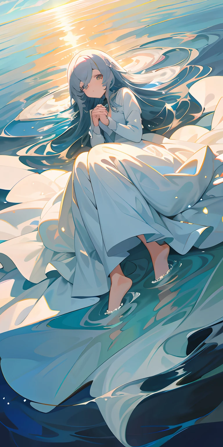 Highest image quality，tmasterpiece，First in the world，Top painting，Holy maiden，abstact，The long white dress flowes，Endless flowing oceans，Deep eyes，Sit on your knees，The sky is cloudy，The sun and the moon shine，The water is calm，Full body like，Photo quality，4K，Long transparent dress，Water flows，The skirt flows into the water