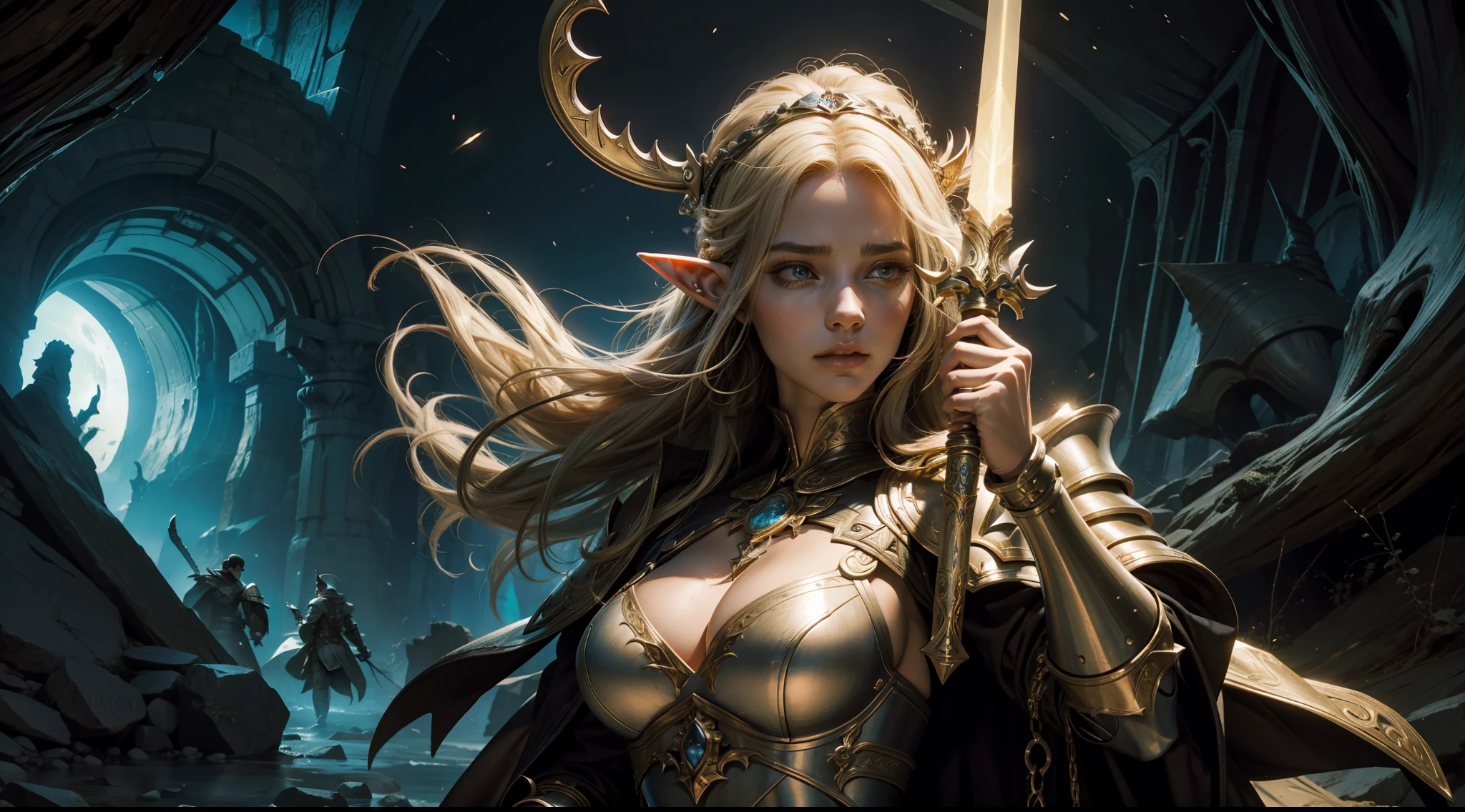 dungeons and dragons,mages,warriors,the elf,archer,Heavy armor,magnificent robe,Glowing scepter,speleothems,half-body shots,dramatics,(Close portrait:1.3),illusory engine, (High detail: 1.9),(femele:1.4),(big breasts beautiful: 1.4),(carismatic:1.3),