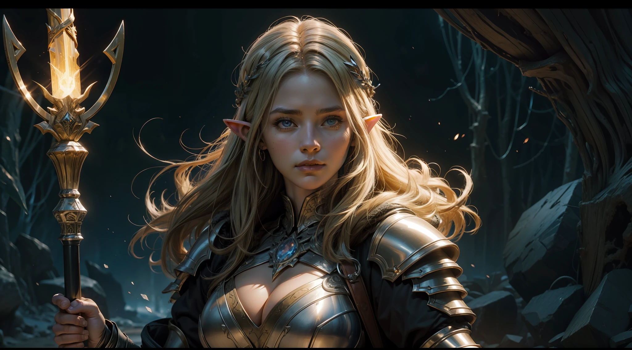 dungeons and dragons,mages,warriors,the elf,archer,Heavy armor,magnificent robe,Glowing scepter,speleothems,half-body shots,dramatics,(Close portrait:1.3),illusory engine, (High detail: 1.9),(femele:1.4),(big breasts beautiful: 1.4),(carismatic:1.3),