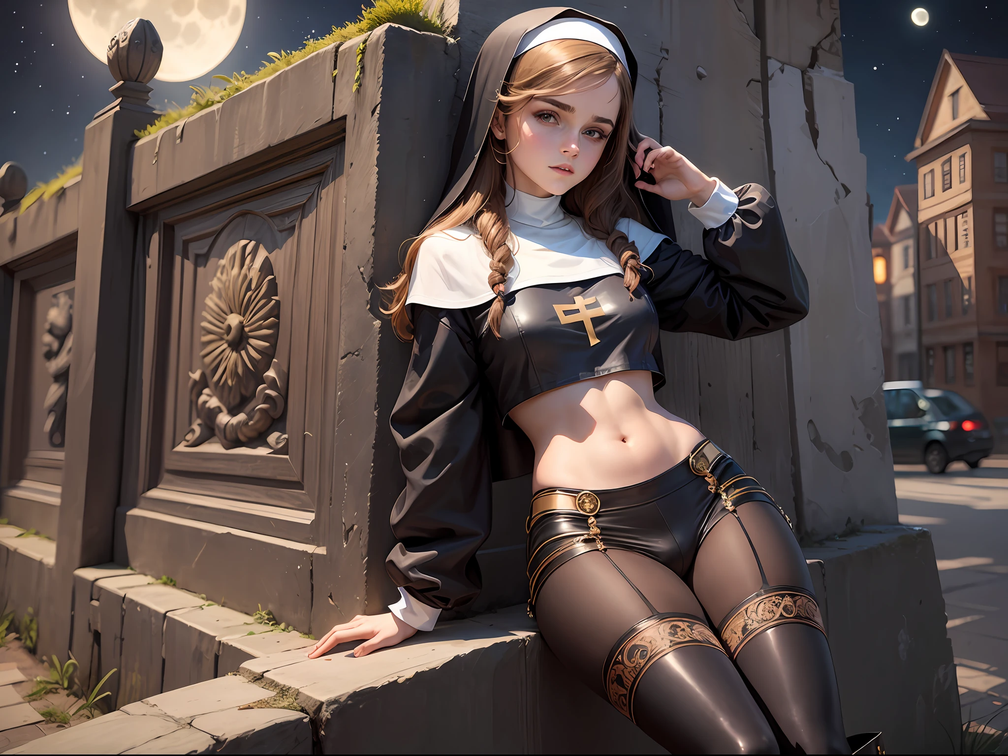 masterpiece. Teen emma watson dressed as a sexy nun. Detailed tight costume. crop top. Defined body. Slender. Small breasts. background moon. night. long hair. leaning on a wall that has intricate carvings and jewels. boots.