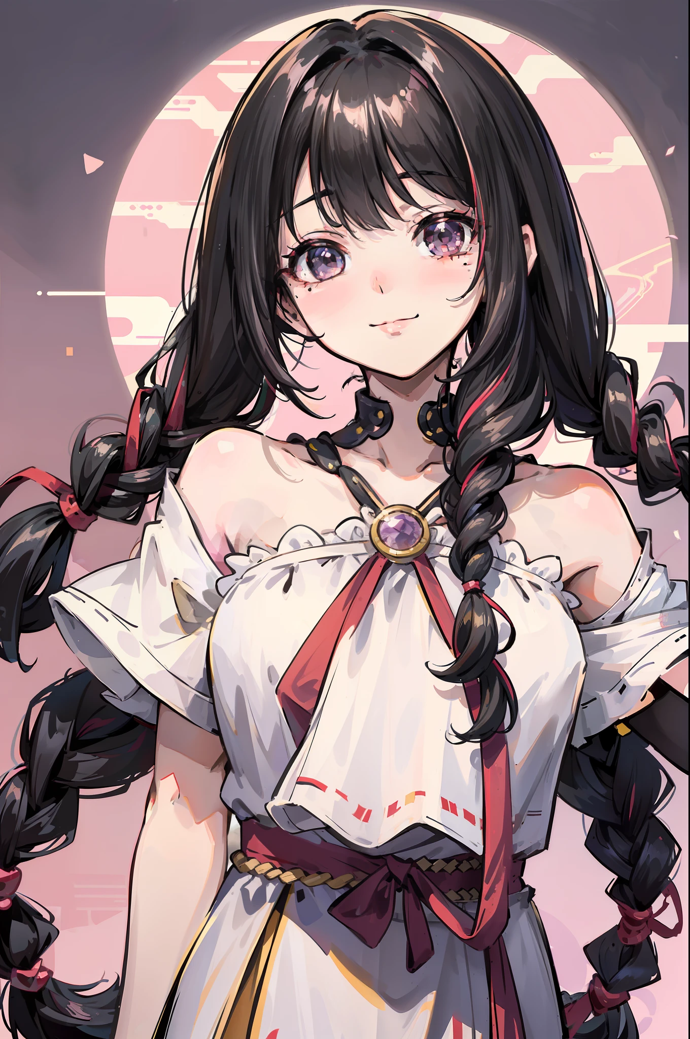 masterpiece, best quality, Homura,bangs,black hair, hair bobbles, light smile, streaked hair, mole under eye, glint, anime style, best quality,upper body,hair strand,Fair skin,side braids
