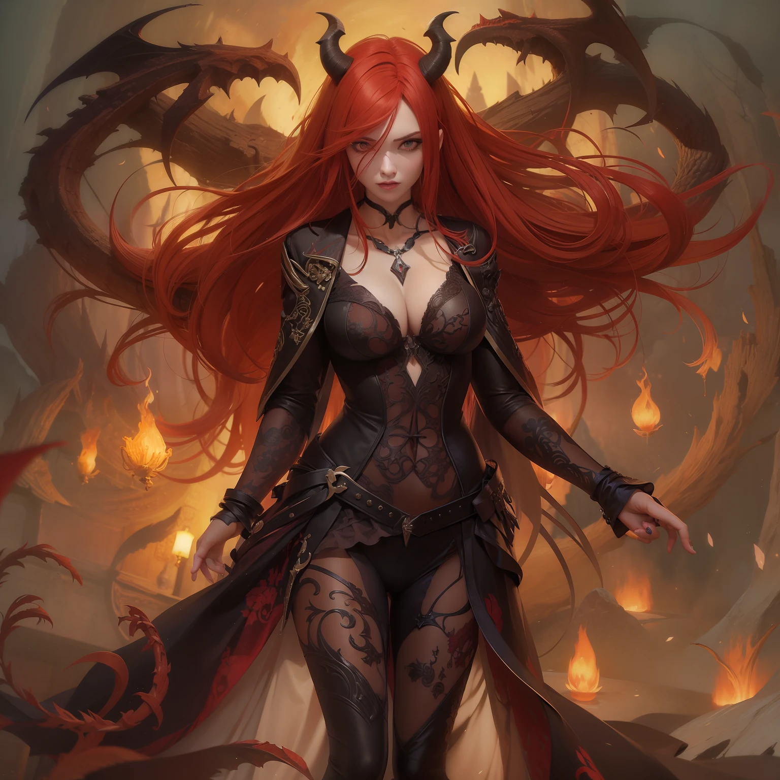 1 female, Demon, red hair, Chifres, Asas de morcego, Demon, olhos alaranjados , Ultra Qualidade, roupas curtas 24 anos, Magia flutuante