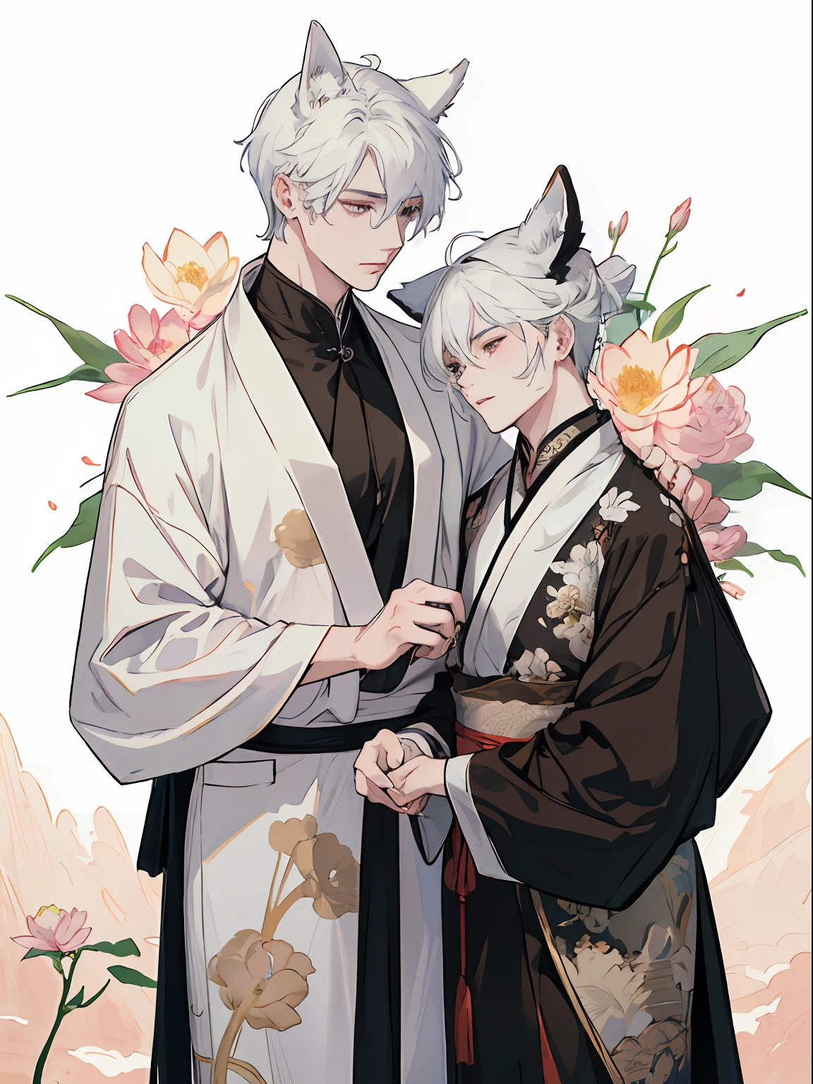 ((4K、​masterpiece、top-quality))、(Two intimate beautiful guys), ink and watercolor painting、Traditional Chinese Ink Painting、lotuses、Hanfu、Maxi Kit、Dress conservatively、 white  hair, Animal ears, bule, florals, Lots of flowers nearby, coyote、shenron、extra detailed face、