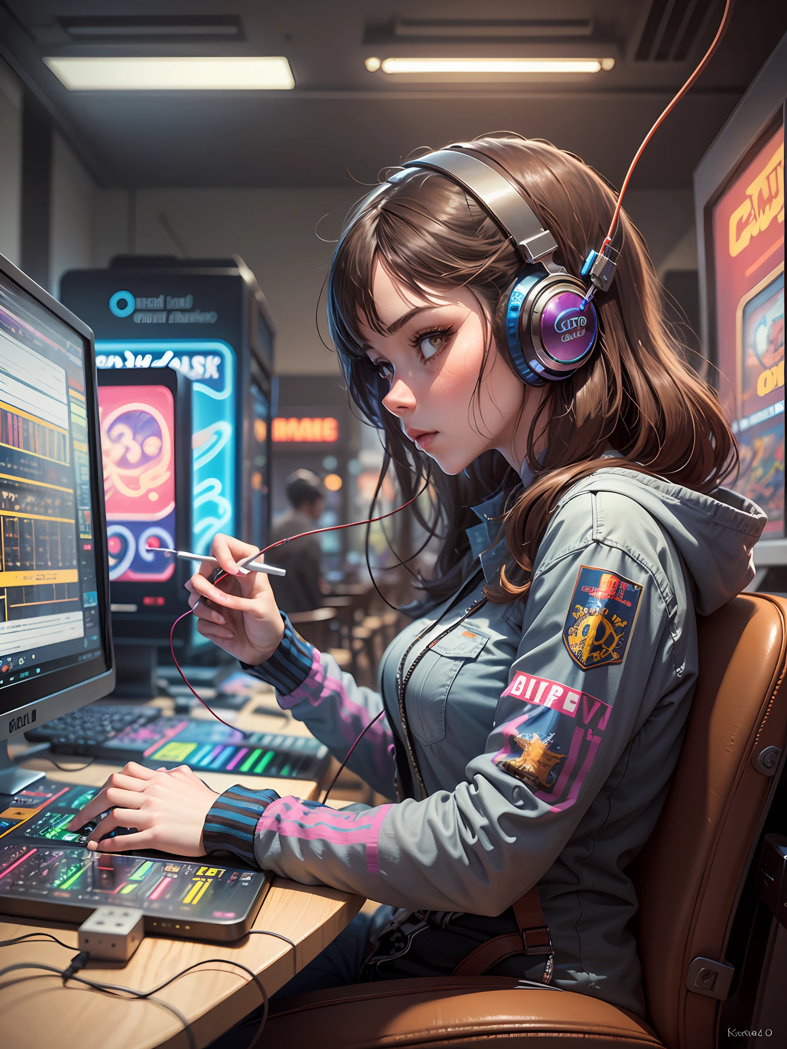A girl working on a retrofuturism scene of an arcade wired mess on macbook, mechanical delay, wiring components, ultrago austin metal wiring, iris van Buren, Karol Bak, Kiichi Obituary by Beksinski, david falls fanart gadget machine