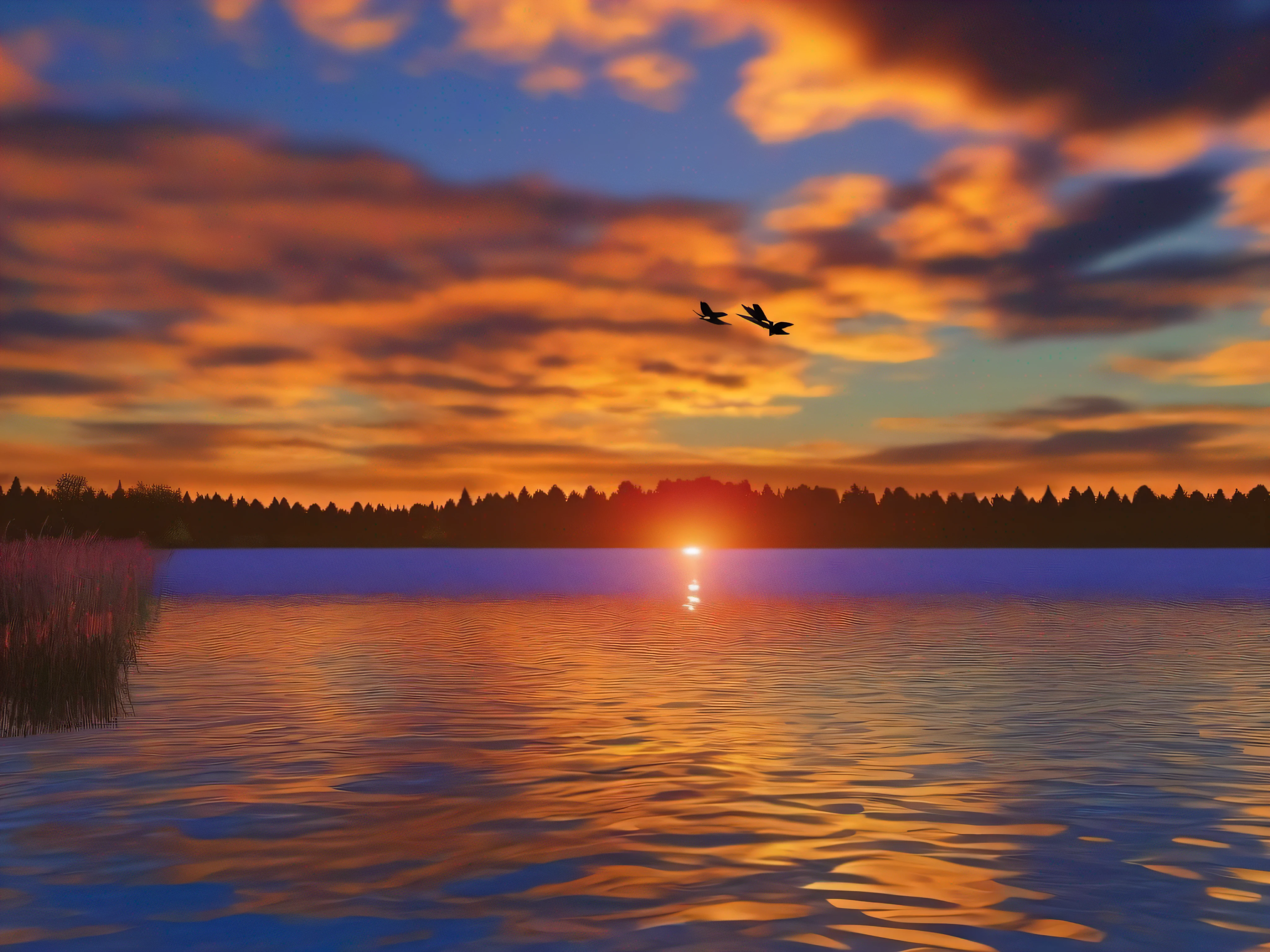 The sunset and the lone duck fly together, and the autumn water is the same color as the sky