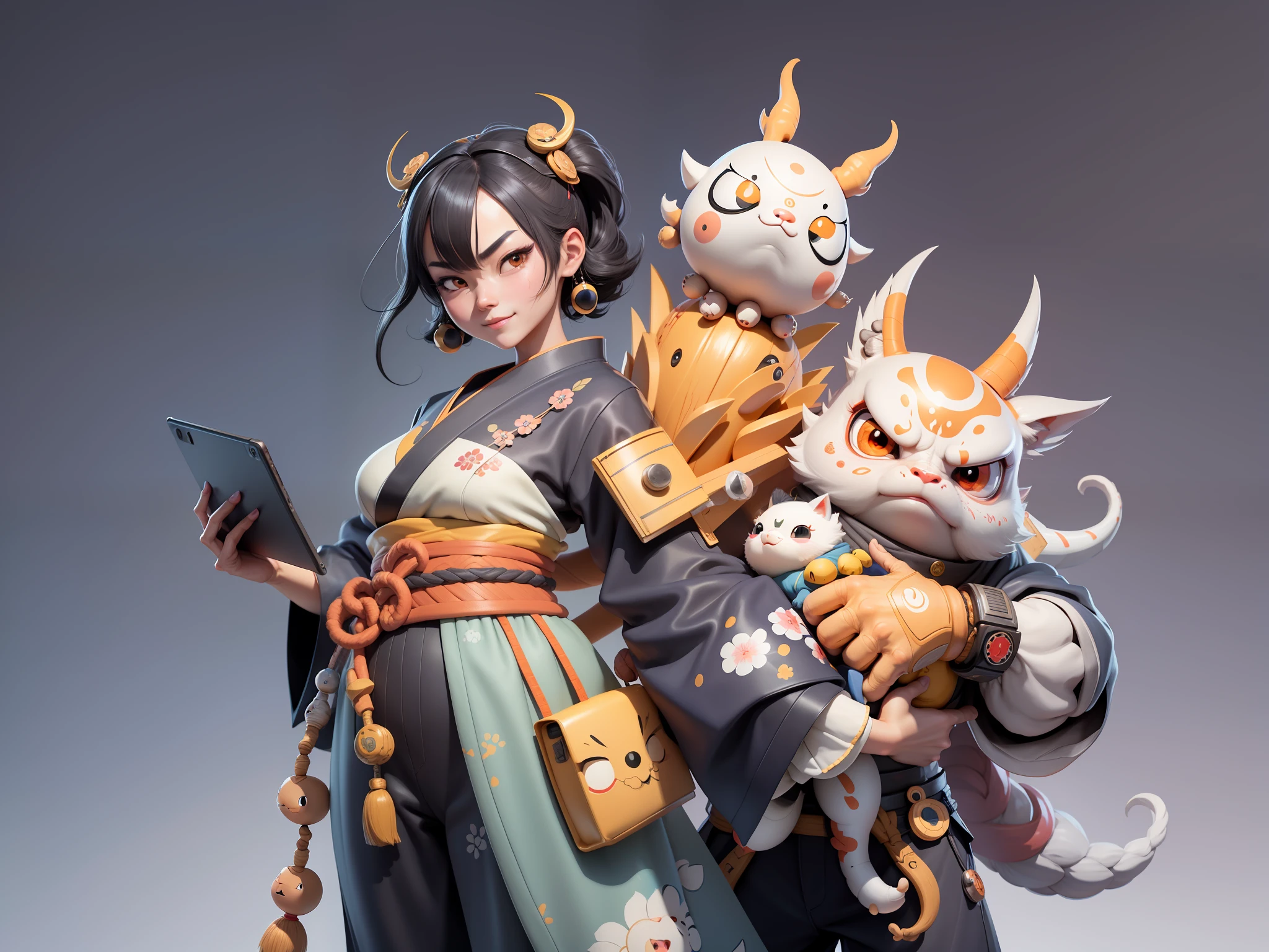 (Daisaku),(Need),(Super meticulous),(full bodyesbian:1.2),Japanese ukiyo-e girl,japanese geisha,Beautiful,Oriental dragon,Aeolian Thor,Raised sexy,爆乳,Oriental face,TV Anchor,Bust portrait illustration,Alone,In black suit,a blue tie,The face is slightly chubby,The face was clean,without a beard,Black super short hair,Black eyes,Smile confidently,3C computer sub-products,iPad, iphone,Digital painting,3D character design by Mark Clairen and Pixar and Hayao Miyazaki and Akira Toriyama,The illustration is a high-definition illustration in 4K resolution,With very detailed facial features and cartoon-style visuals。