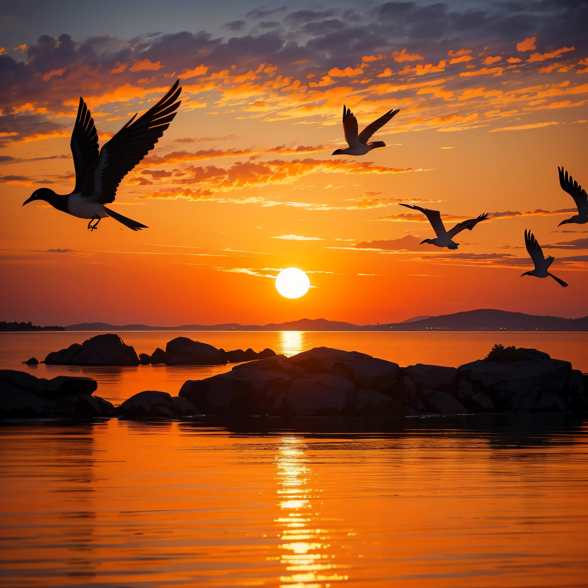 Birds on the water at sunset,Bright orange sky, a picture by Karl Völker, pexels, romanticism lain, the glimmering orange dawn, Early morning sunrise, Morning sunrise, orange sun set, beautiful sunrise, The most beautiful sunset,, Orange sunset, colours of the sunset, orange dawn, sun at dawn
