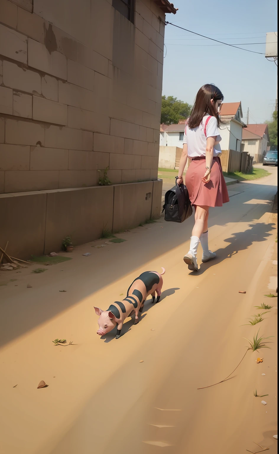 A girl is walking a piglet