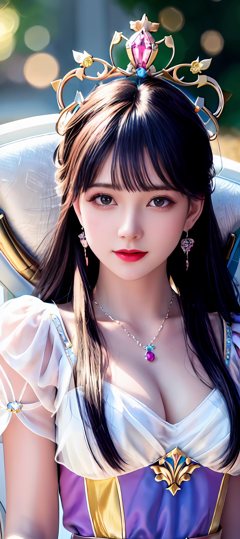 realisticity: 1.2), best quality, 8K UHD, masterpiece, highres, super detail, ultra detail, cg, 1girl, queen, sword, long hair, dress, diamond dress, solo, jewelry, yellow dress, wearing a very beautiful dress, there are lots of diamonds on her dress which is very beautiful,

wearing a very beautiful crown, earrings, hair ornament, splashing, upper body super realistis, hair bun, blue and pink hair, sitting on a magnificent and beautiful royal throne backgraun super realistis and super detail, ultra detail, lighting,candid, Photograph, high resolution, 8k, 10k, Bokeh,