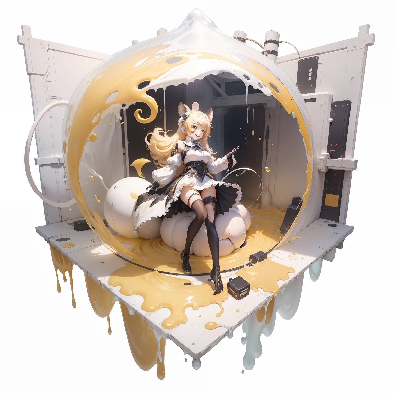 masterpiece, best quality.animated girl with a smiling face,blonde hair and white mouse ears from arknights videogame named Dorothy and there're some white slime on her black socks.golden eyes,brown tail.