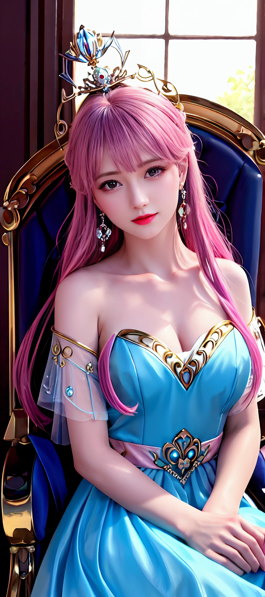 realisticity: 1.2), best quality, 8K UHD, masterpiece, highres, super detail, ultra detail, cg, 1girl, queen, sword, long hair, dress, diamond dress, solo, jewelry, yellow dress, wearing a very beautiful dress, there are lots of diamonds on her dress which is very beautiful,
wearing a very beautiful crown, earrings, hair ornament, splashing, upper body super realistis, hair bun, blue and pink hair, sitting on a magnificent and beautiful royal throne backgraun super realistis and super detail, ultra detail, lighting,candid, Photograph, high resolution, 8k, 10k, Bokeh,